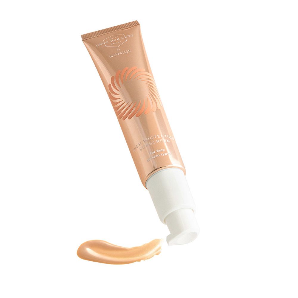 Zonnebrandcrèmetube met pomp, schuin, met zon-illustratie en product. Bevat High Protection Sunscreen.