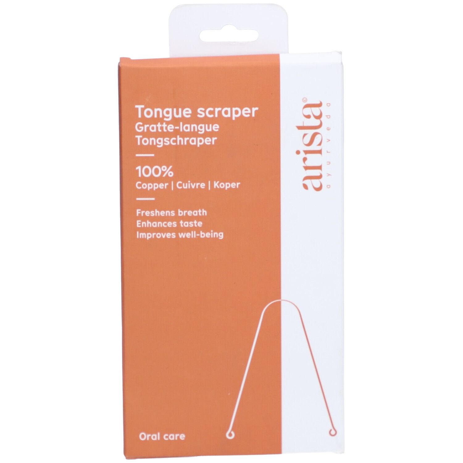 Verpackung mit "Arista" Zungenschaber. Orange-weiße Schachtel mit Produktnamen, Materialangabe und Logo. "Oral care" unten.