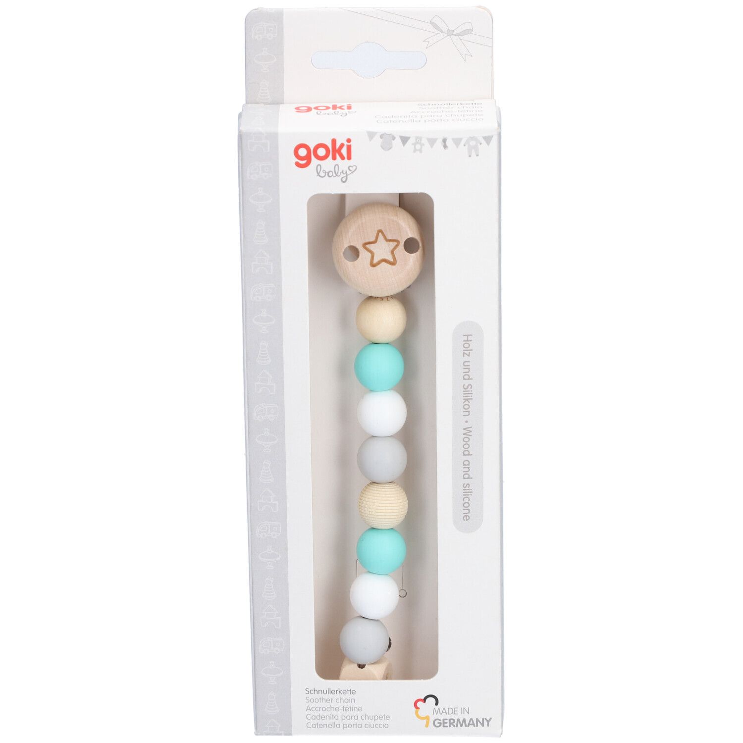 Speenkoord voor baby's in verpakking. Houten en siliconen kralen. Houten clip in ster vorm. Goki Baby logo.