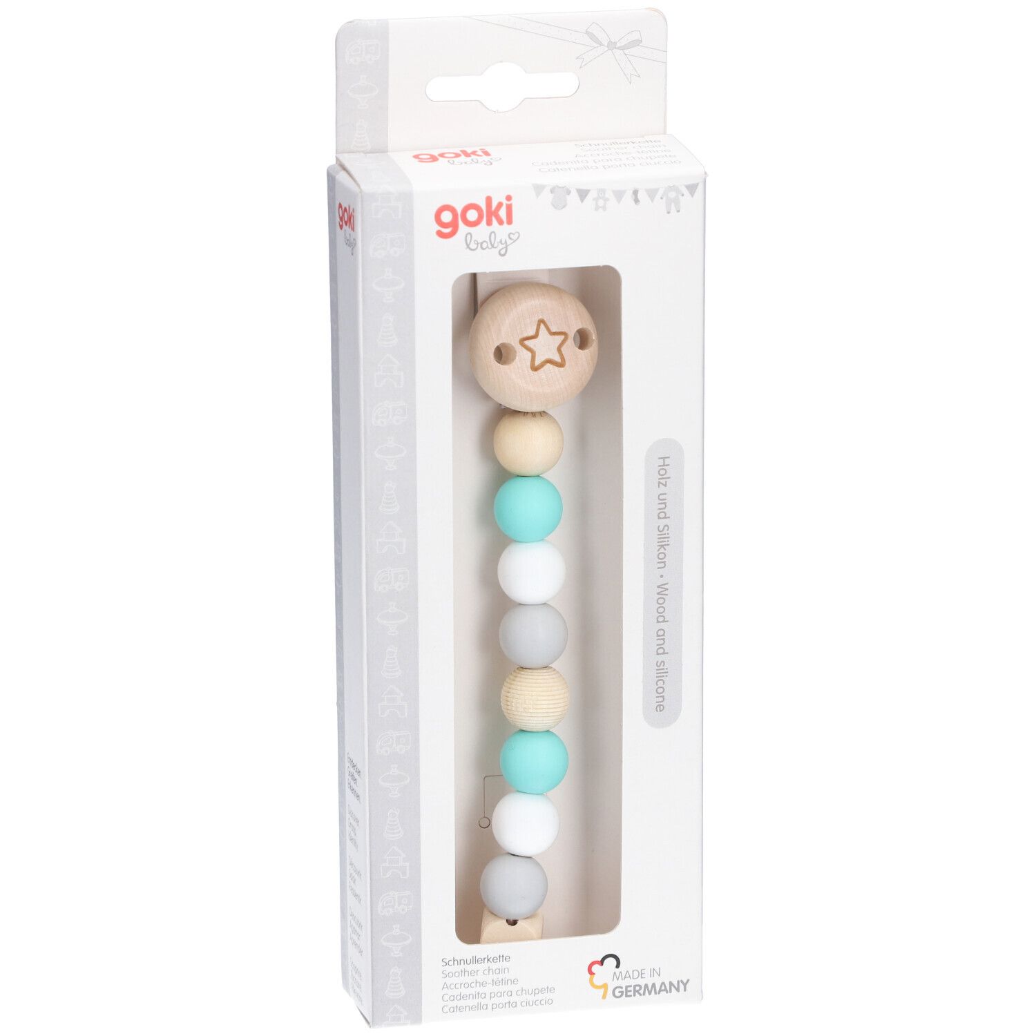 Speenkoord voor baby's in verpakking. Houten en siliconen kralen. Houten clip in ster vorm. Goki Baby logo.