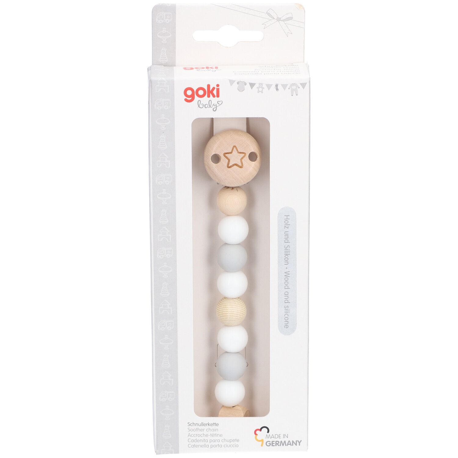 Schnullerkette in Verpackung. Holz- und Silikonperlen in Grau, Weiß und Beige. Stern-Detail. Goki Baby Logo.