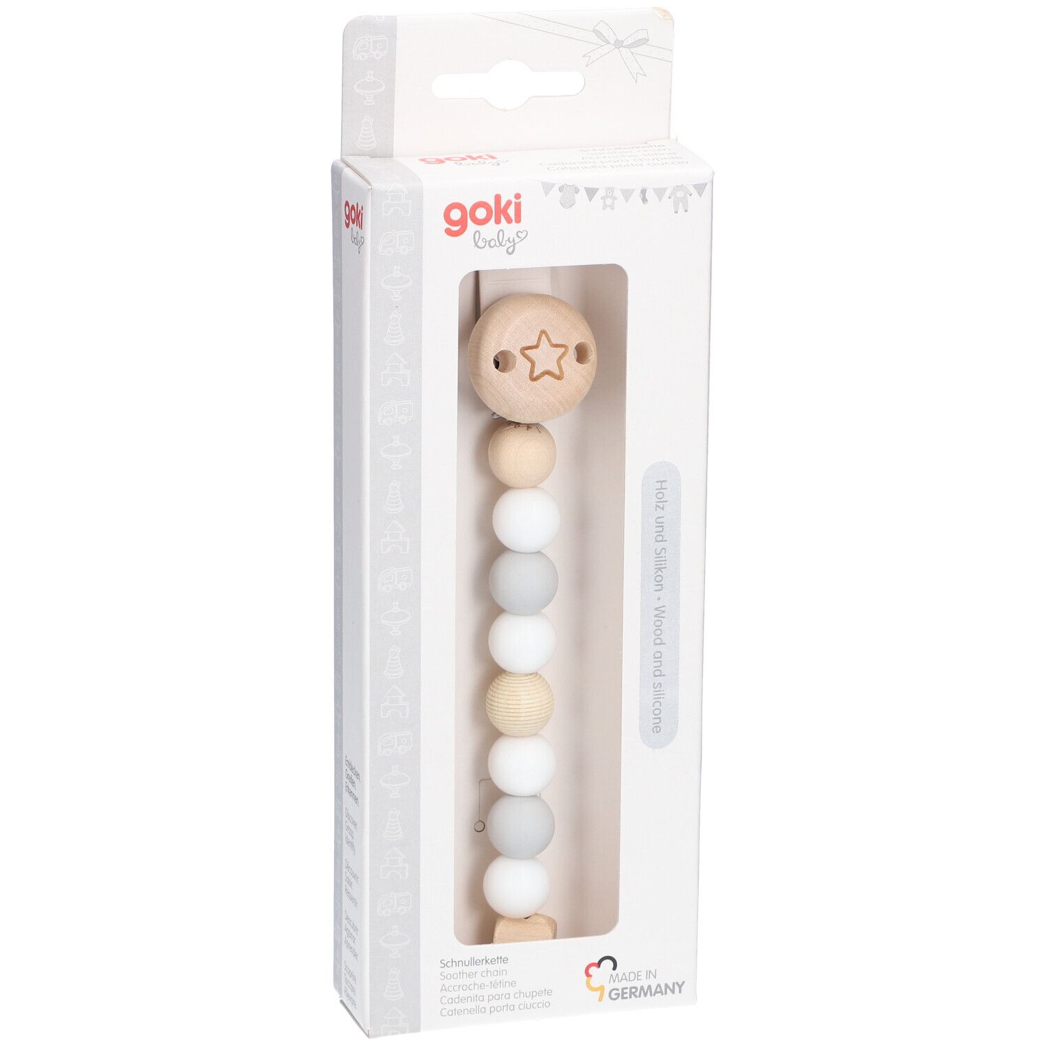 Schnullerkette in Verpackung. Holz- und Silikonperlen in Grau, Weiß und Beige. Stern-Detail. Goki Baby Logo.