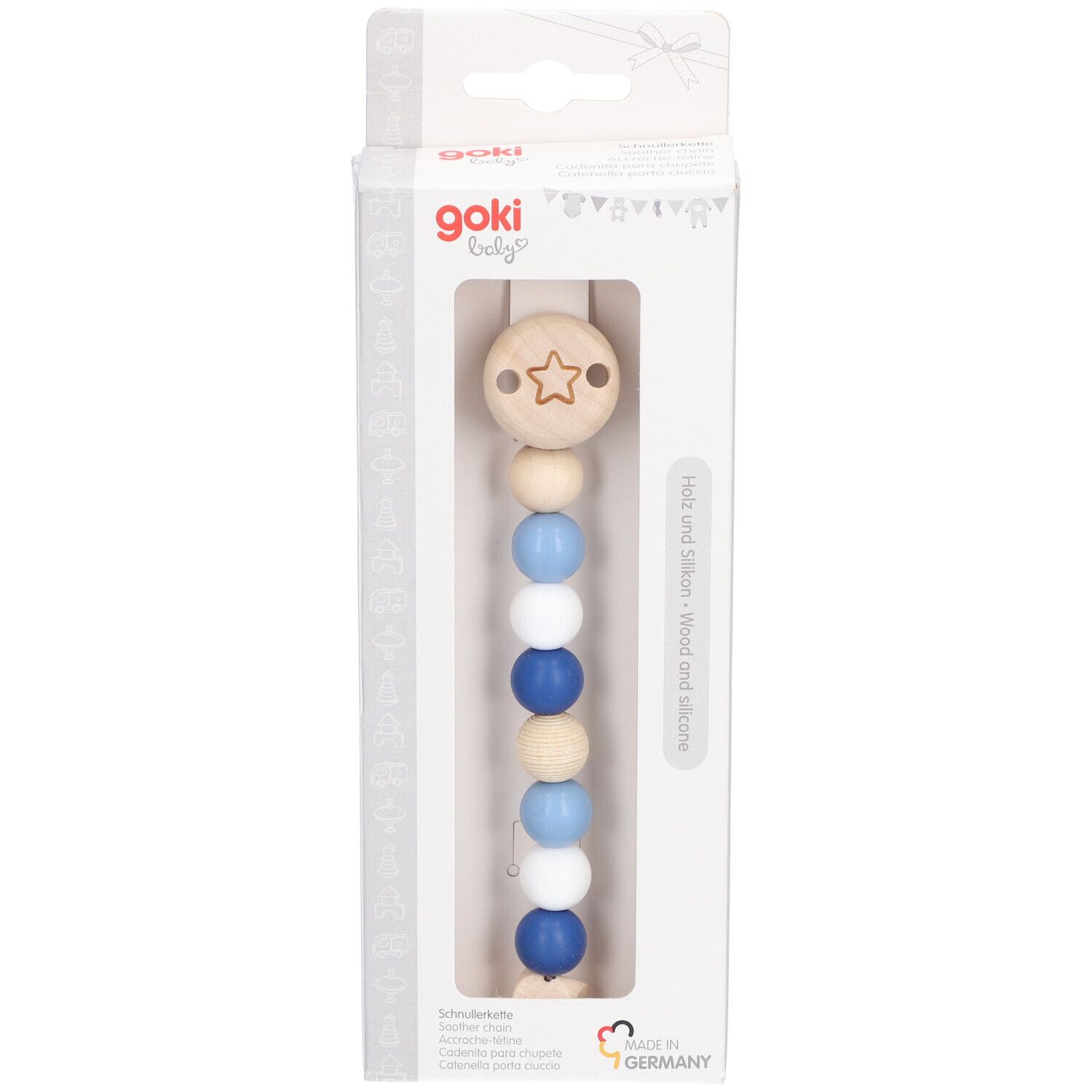 Attache-tétine avec perles en bois et silicone bleues et beiges. Emballé dans une boîte blanche avec fenêtre.