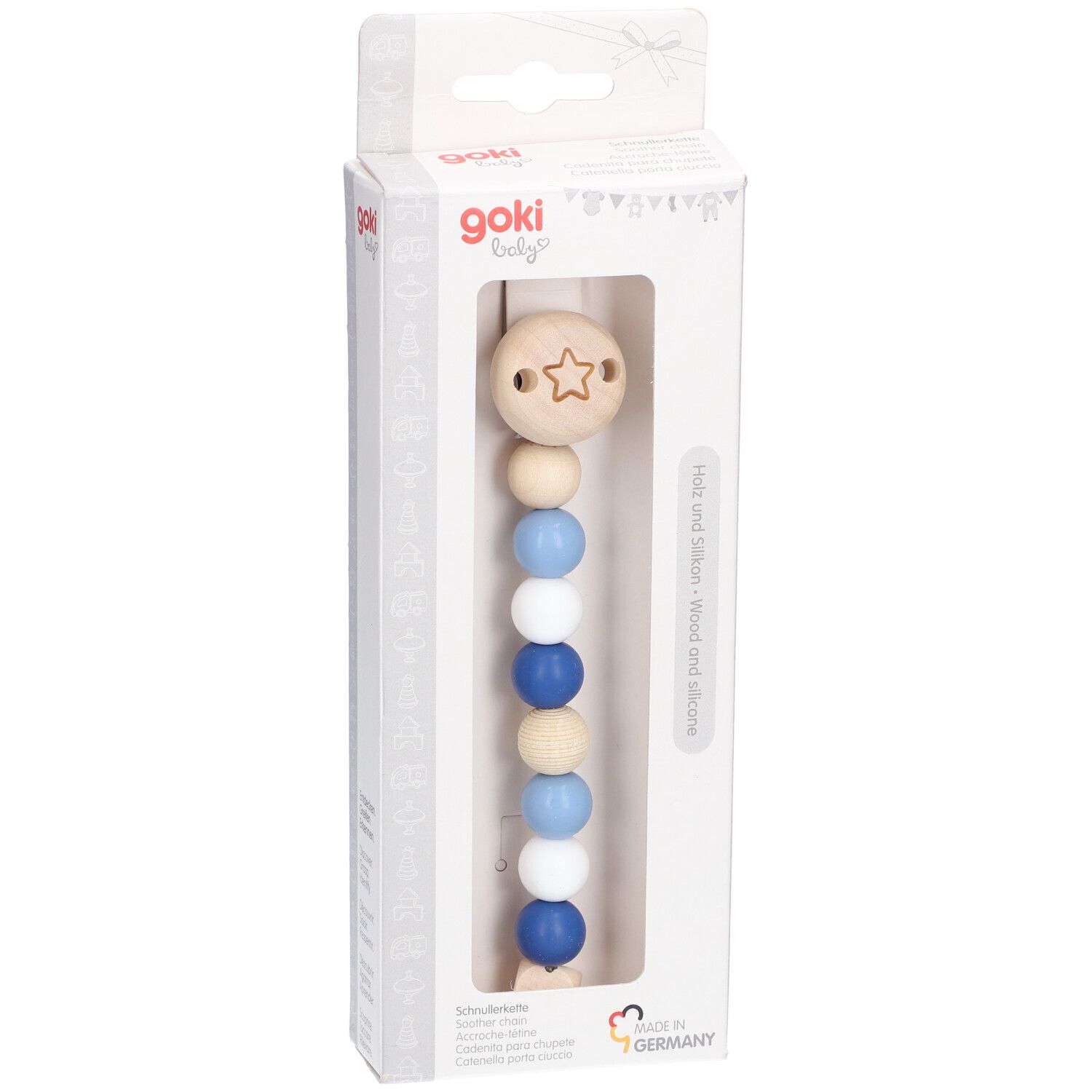 Attache-tétine avec perles en bois et silicone bleues et beiges. Emballé dans une boîte blanche avec fenêtre.