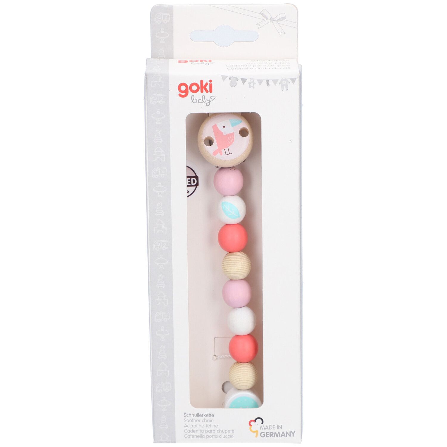 Goki Baby fopspeenketting in verpakking. Veelkleurige kralenketting met vogelmotief. Limited Edition.