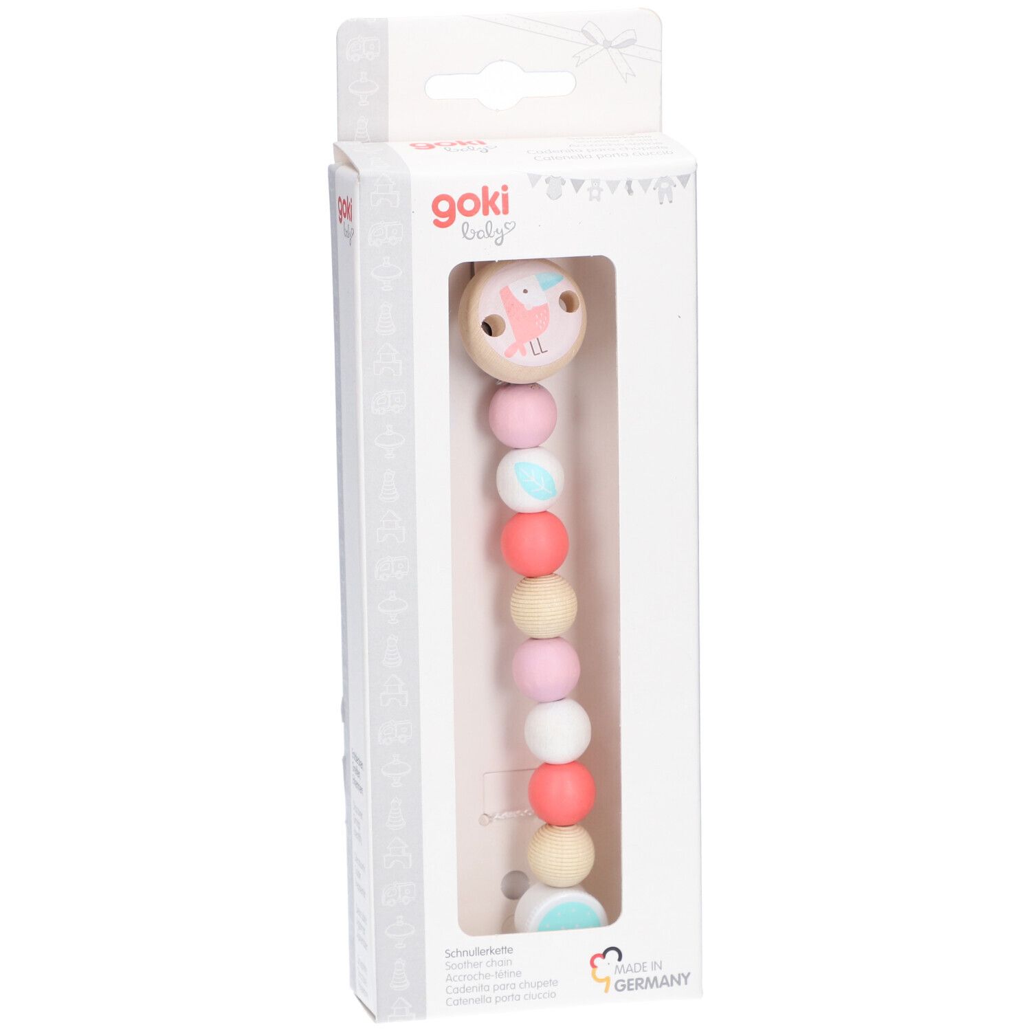 Goki Baby fopspeenketting in verpakking. Veelkleurige kralenketting met vogelmotief. Limited Edition.