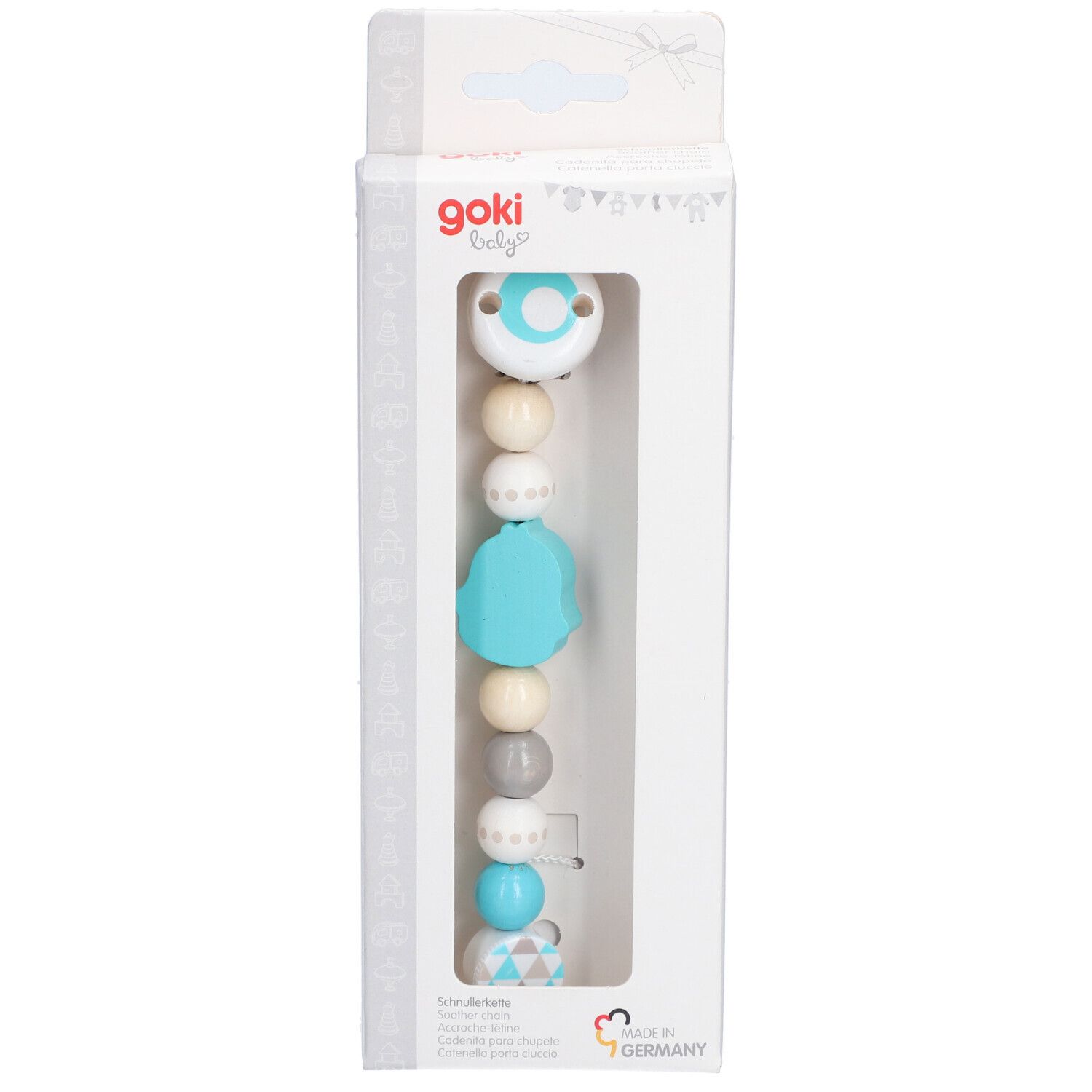 Goki Schnullerhaken Herz Pinguin in Verpackung. Kette mit Holzperlen und Pinguin-Figur. Sichtbare Marke: Goki.