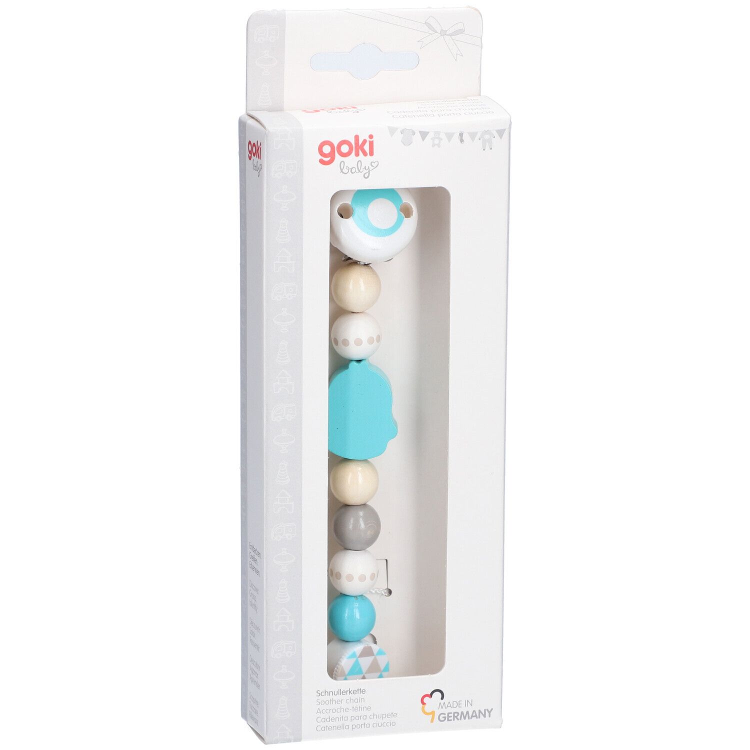 Goki Schnullerhaken Herz Pinguin in Verpackung. Kette mit Holzperlen und Pinguin-Figur. Sichtbare Marke: Goki.