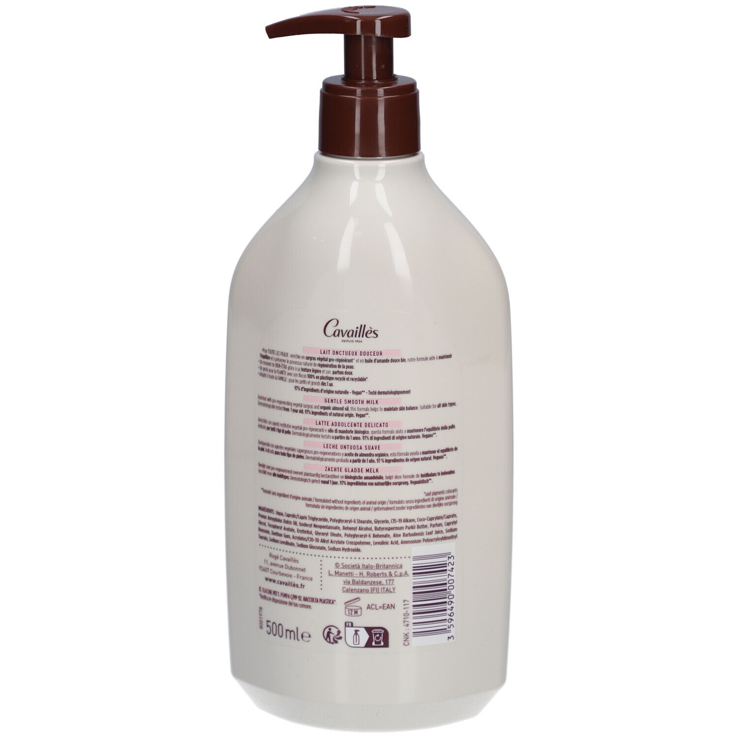 Achterkant van de witte dispenser. Tekstinformatie en barcode. Opschrift: Cavaillès, Lait Onctueux, 500ml.