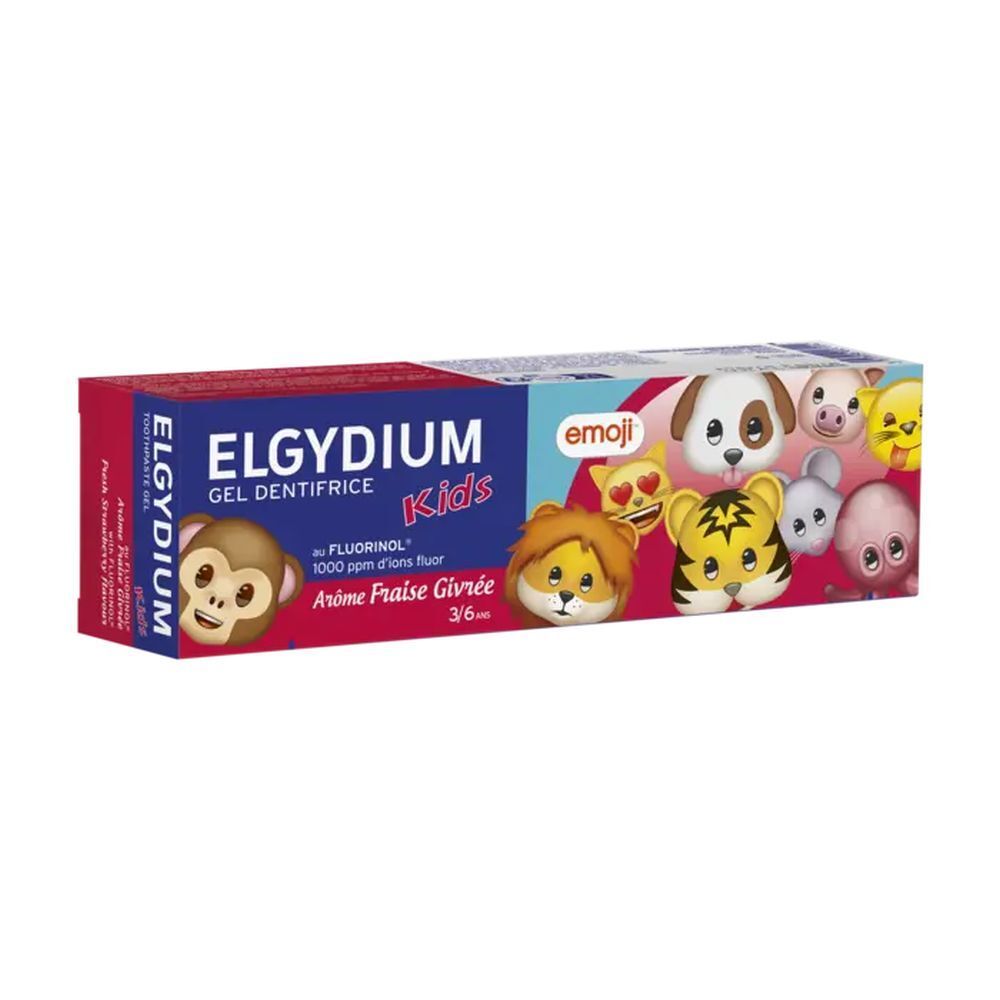 Kartonverpackung für Kinder-Zahnpasta. Illustrationen von Tieren und Emojis. Text: Elgydium Kids, Gel Dentifrice, Arôme Fraise Givrée.