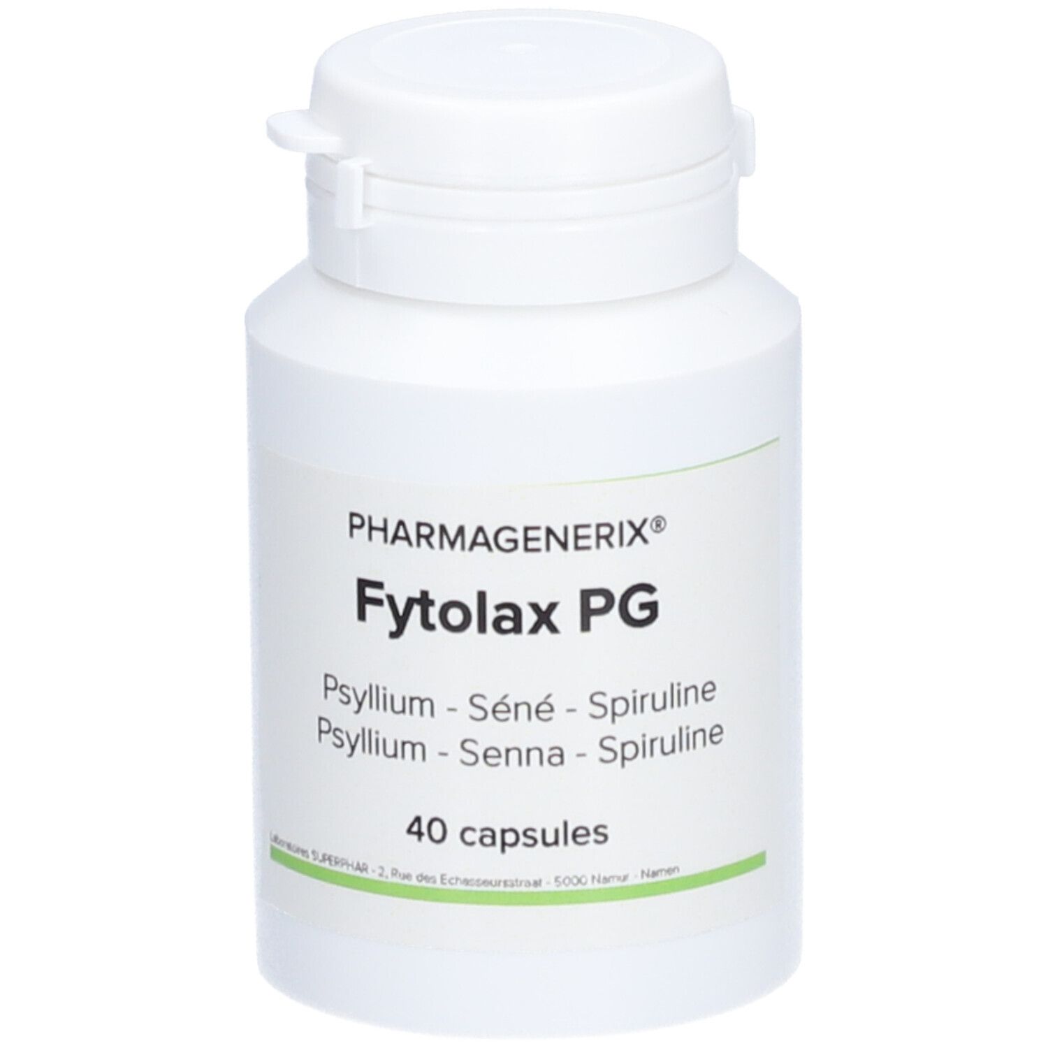 Flacon blanc avec capsules. Inscription: Pharmagenerix Fytolax PG, Psyllium, Séné, Spiruline. 40 capsules.