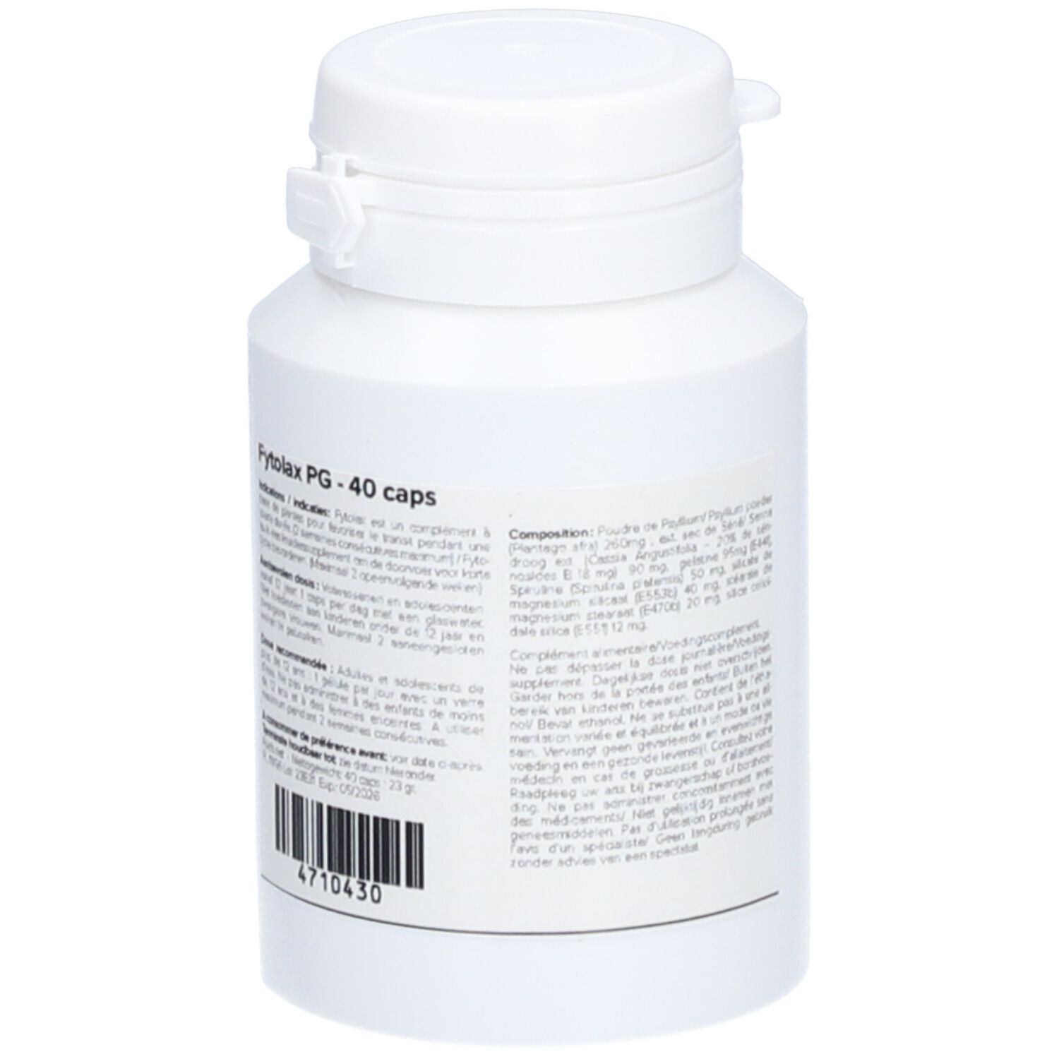 Flacon blanc avec capsules, vue arrière. Texte multilingue, dont composition et code-barres.