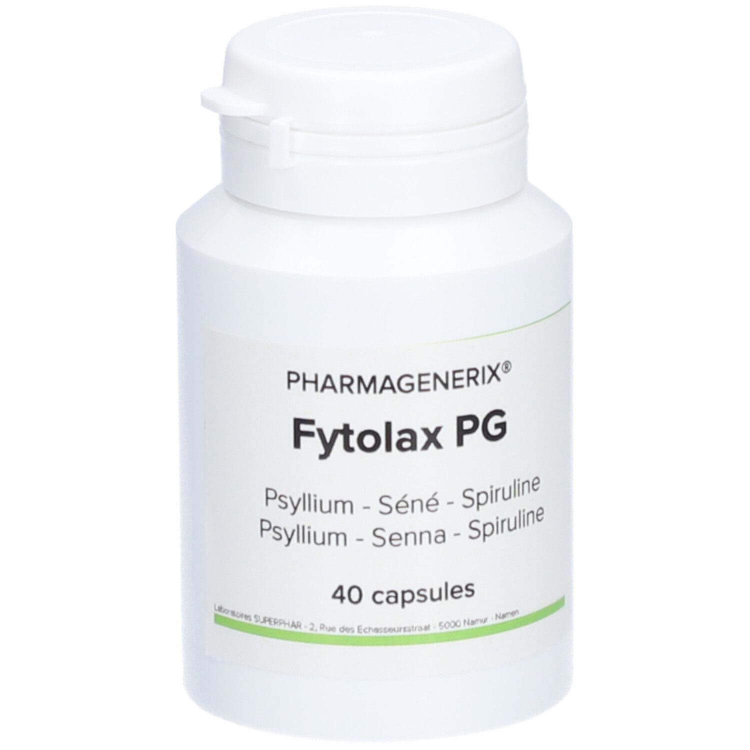 Flacon blanc avec capsules. Inscription: Pharmagenerix Fytolax PG, Psyllium, Séné, Spiruline. 40 capsules.
