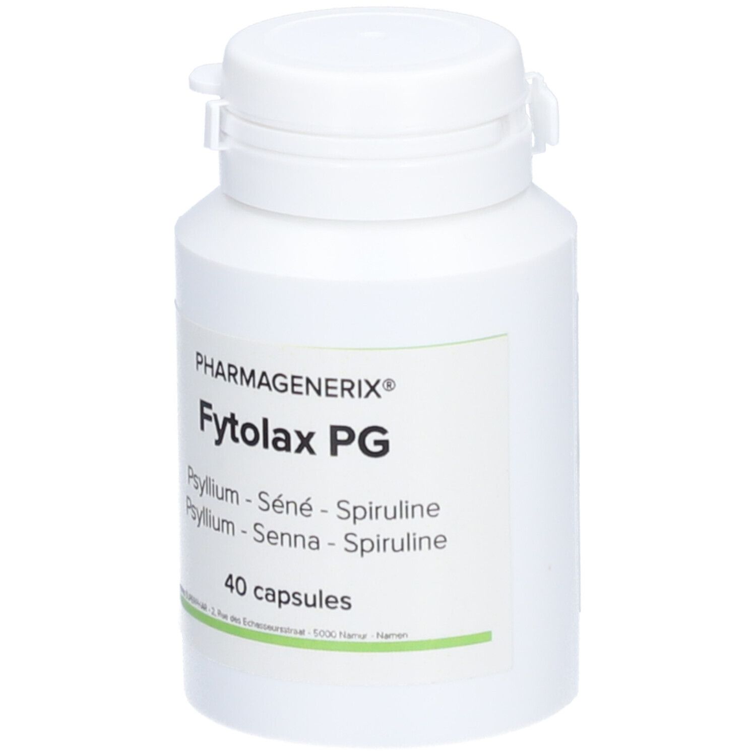 Flacon blanc avec capsules. Inscription: Pharmagenerix Fytolax PG, Psyllium, Séné, Spiruline. 40 capsules.
