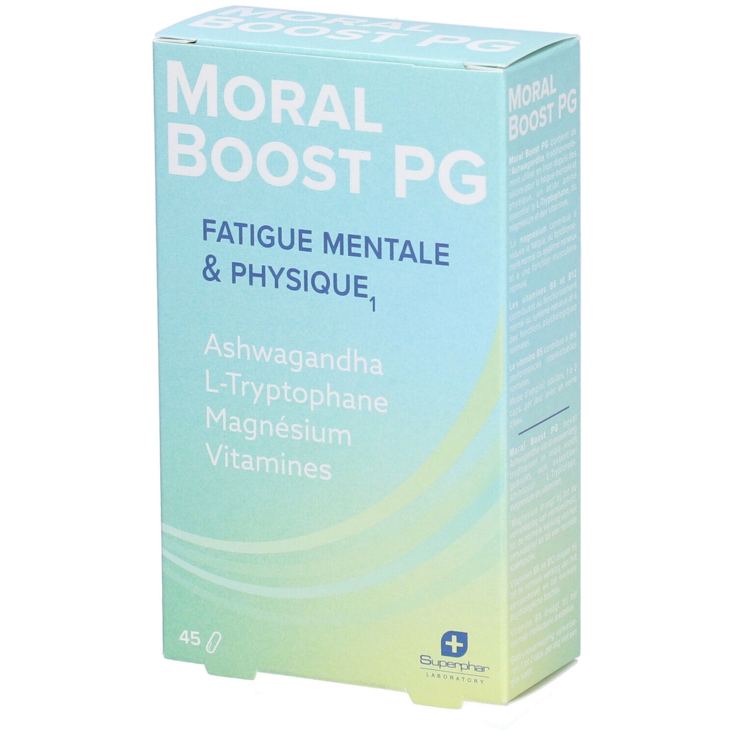 Boîte bleu clair "MORAL BOOST PG". Contient Ashwagandha, L-Tryptophane, Magnésium, Vitamines. 45 comprimés. Logo Superphar.