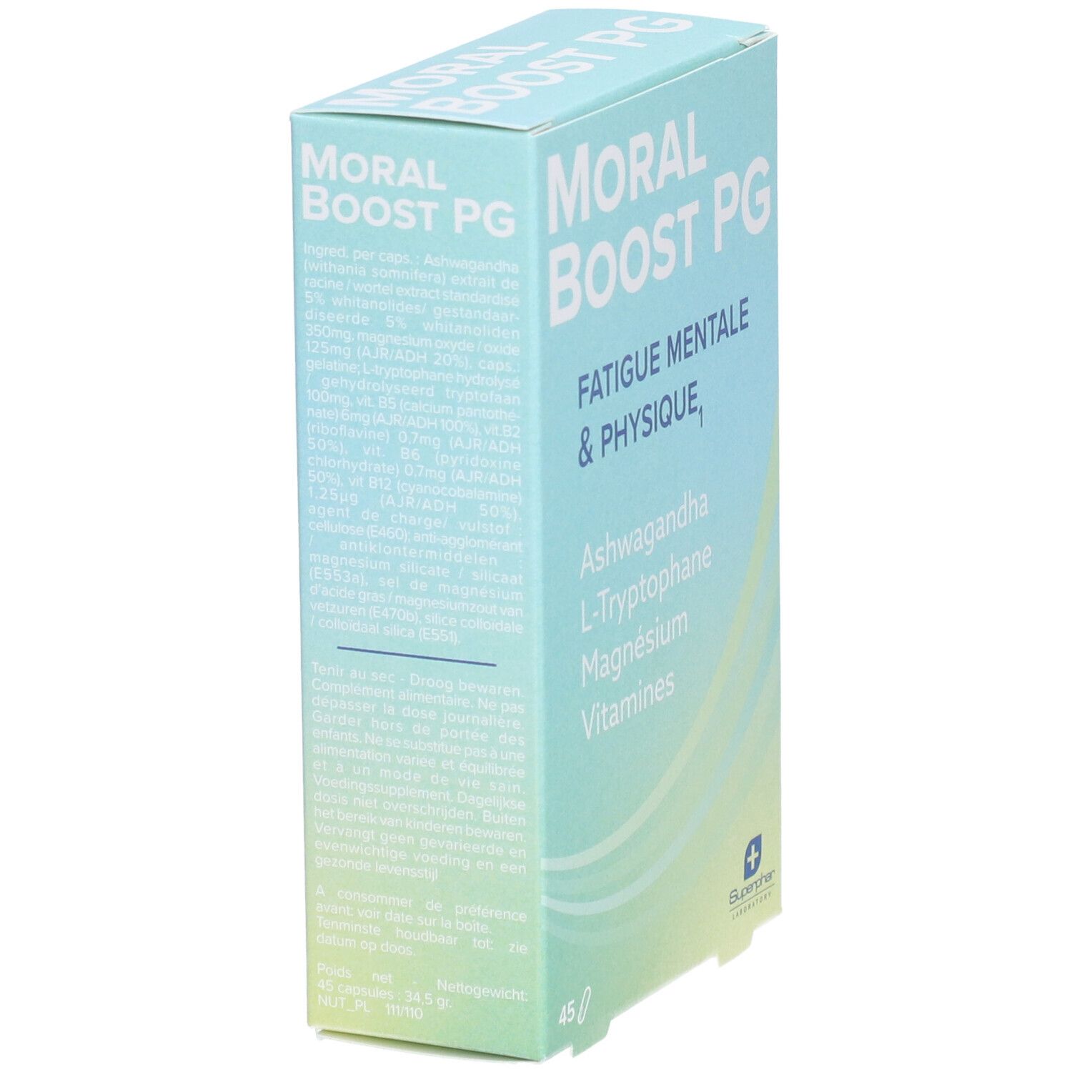 Boîte bleu clair "MORAL BOOST PG". Contient Ashwagandha, L-Tryptophane, Magnésium, Vitamines. 45 comprimés. Logo Superphar.