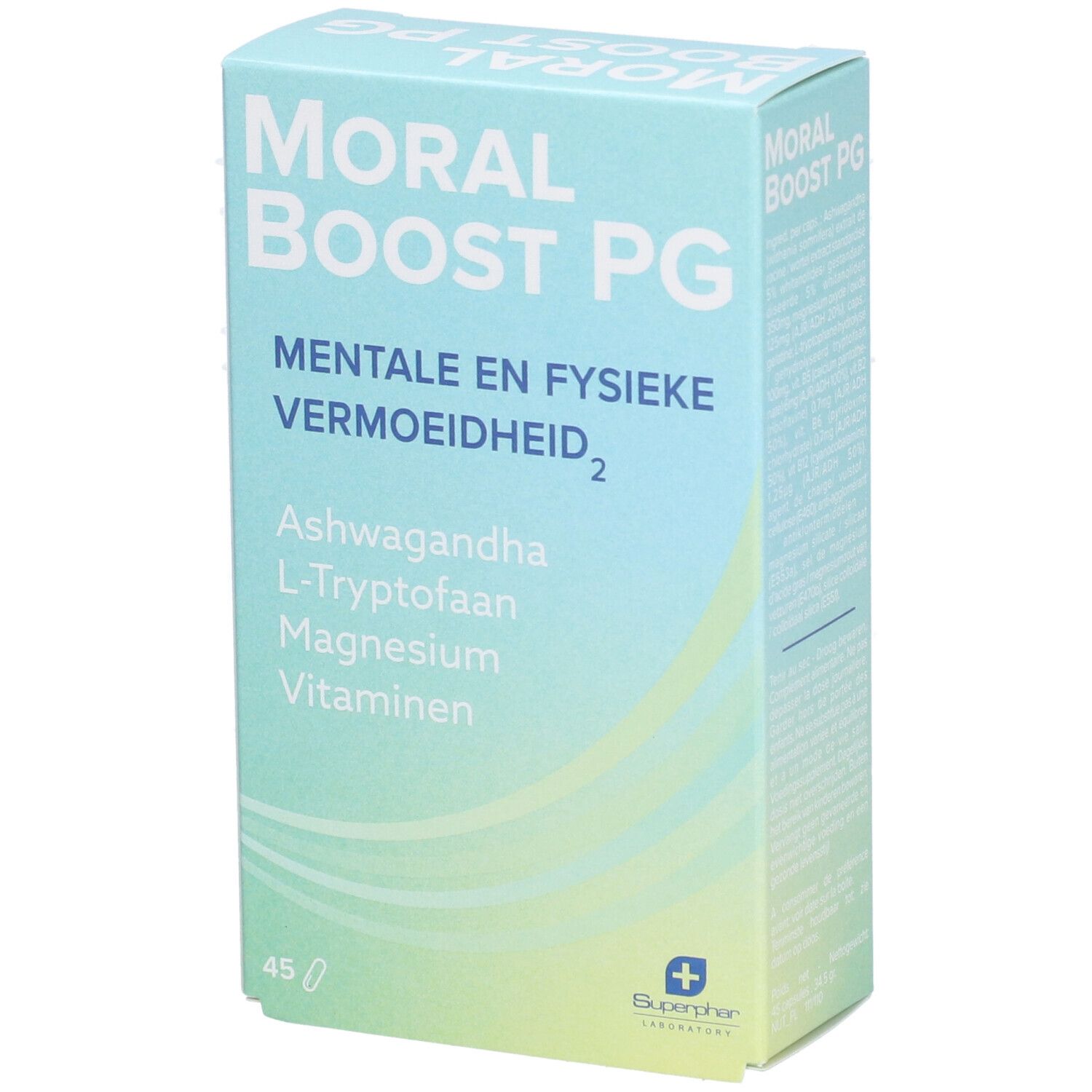 Boîte bleu clair "MORAL BOOST PG". Contient Ashwagandha, L-Tryptophane, Magnésium, Vitamines. 45 comprimés. Logo Superphar.