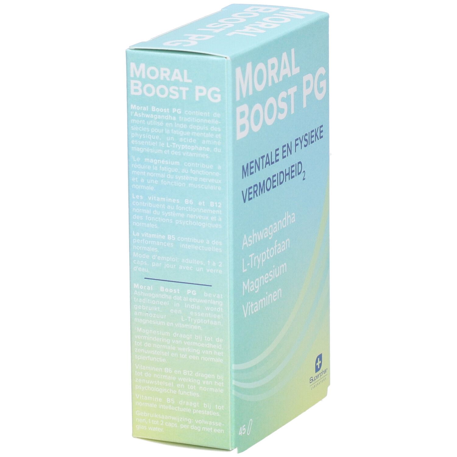 Boîte bleu clair "MORAL BOOST PG". Contient Ashwagandha, L-Tryptophane, Magnésium, Vitamines. 45 comprimés. Logo Superphar.