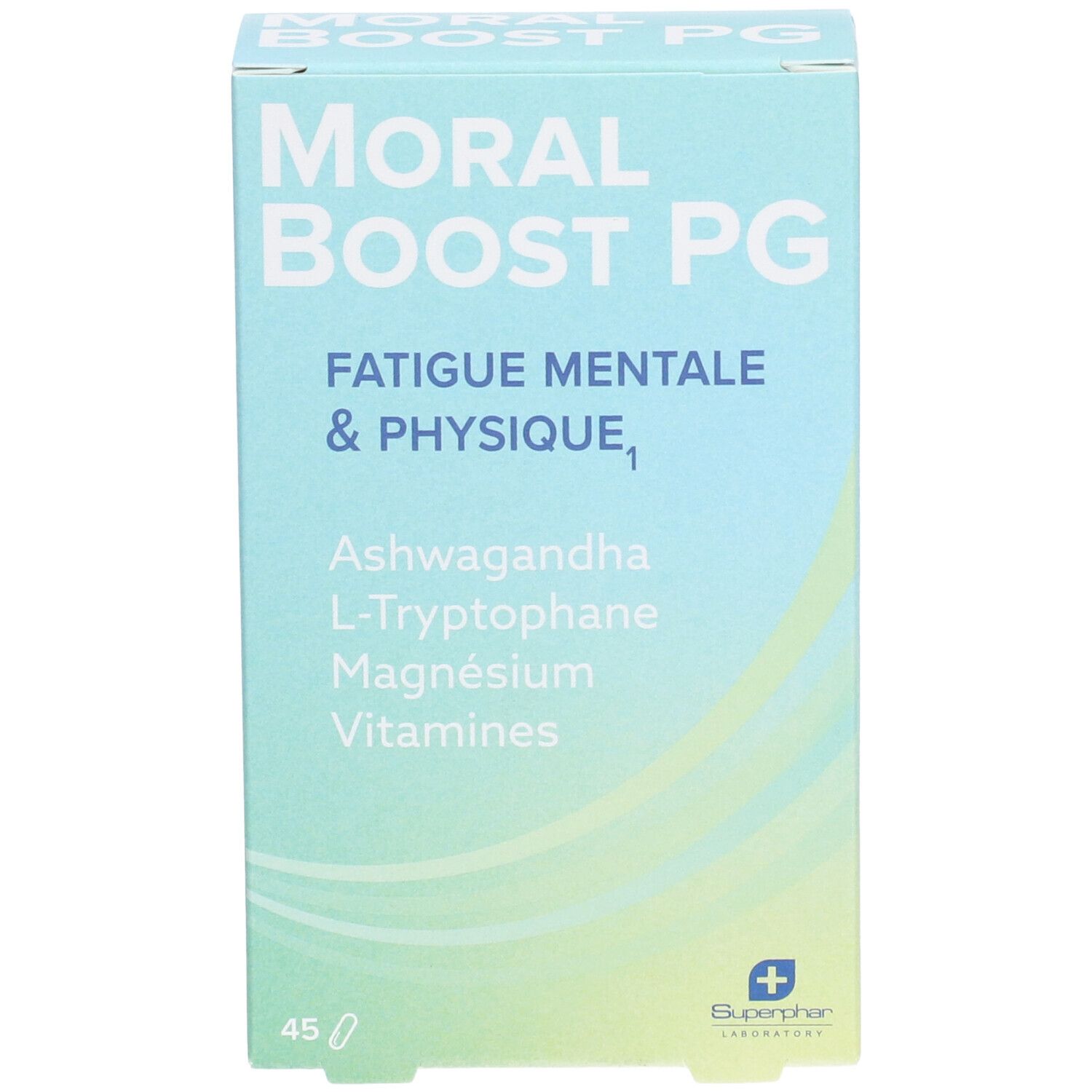 Boîte bleu clair "MORAL BOOST PG". Contient Ashwagandha, L-Tryptophane, Magnésium, Vitamines. 45 comprimés. Logo Superphar.