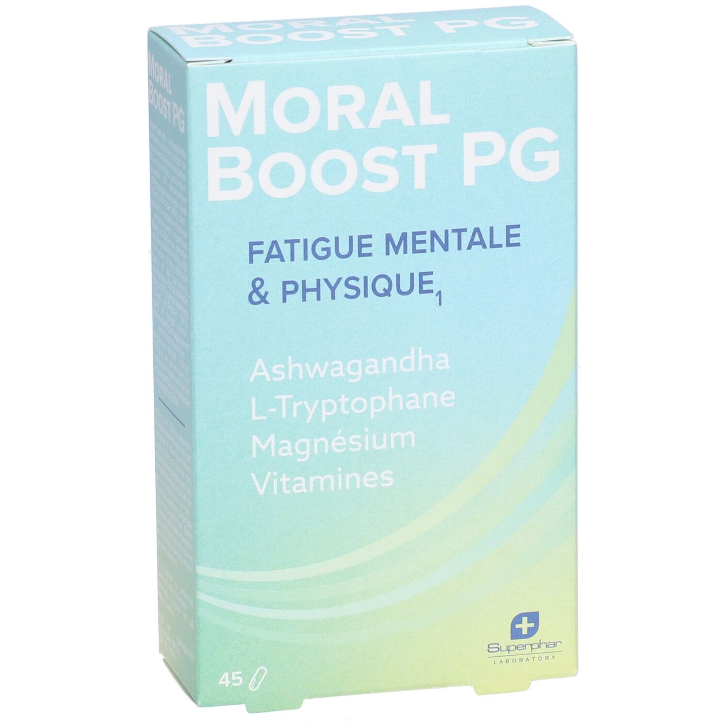 Boîte bleu clair "MORAL BOOST PG". Contient Ashwagandha, L-Tryptophane, Magnésium, Vitamines. 45 comprimés. Logo Superphar.