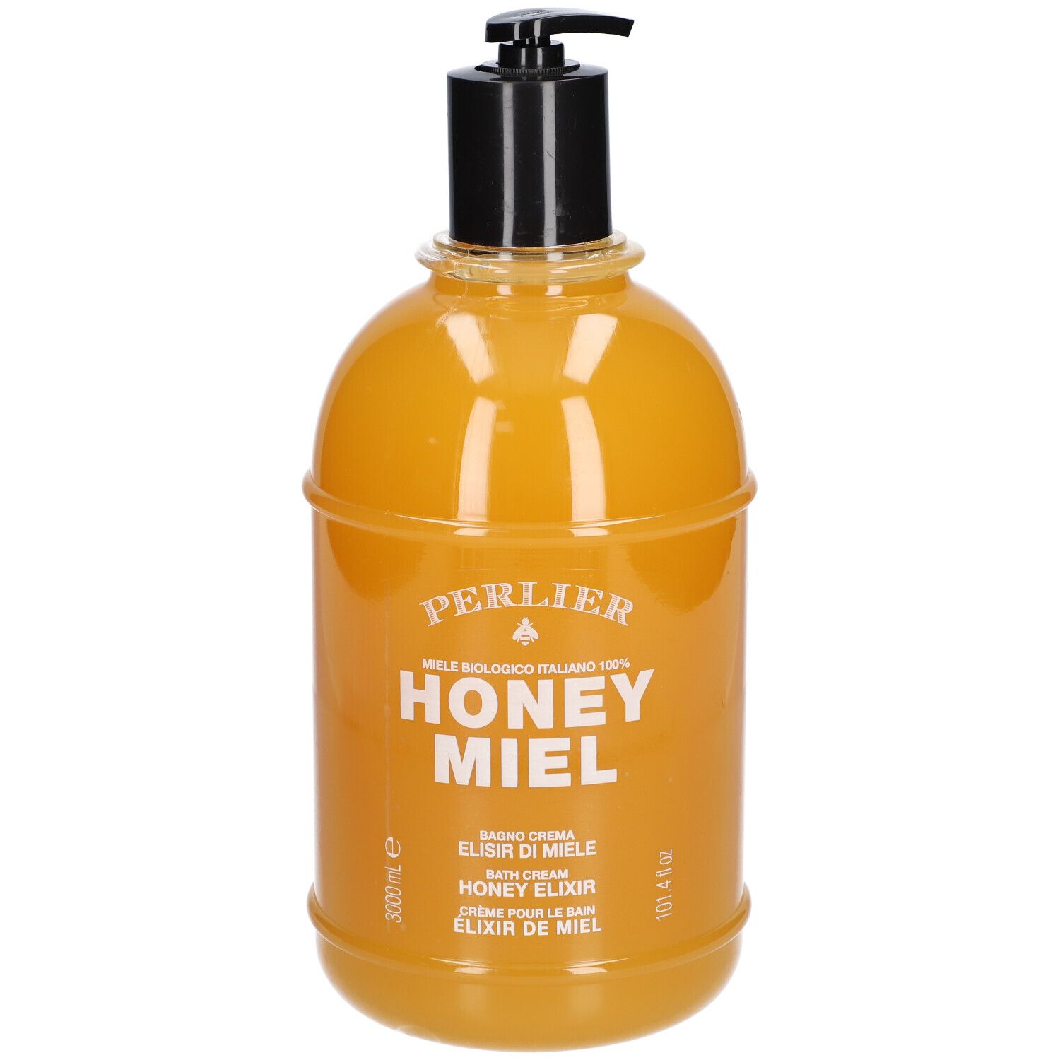 Gele fles met zwarte pomp. Opschrift: Perlier, Honey Miel, Elixir de Miele, Bath Cream, Honey Elixir, Crème pour le Bain.