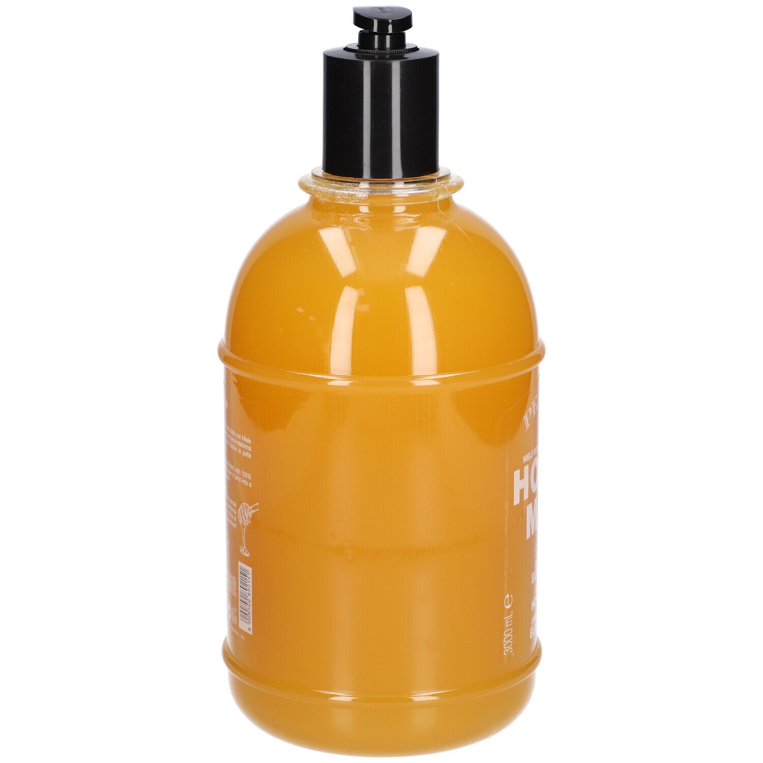 Gele fles met zwarte pomp. Achterkant met tekst en etiket.