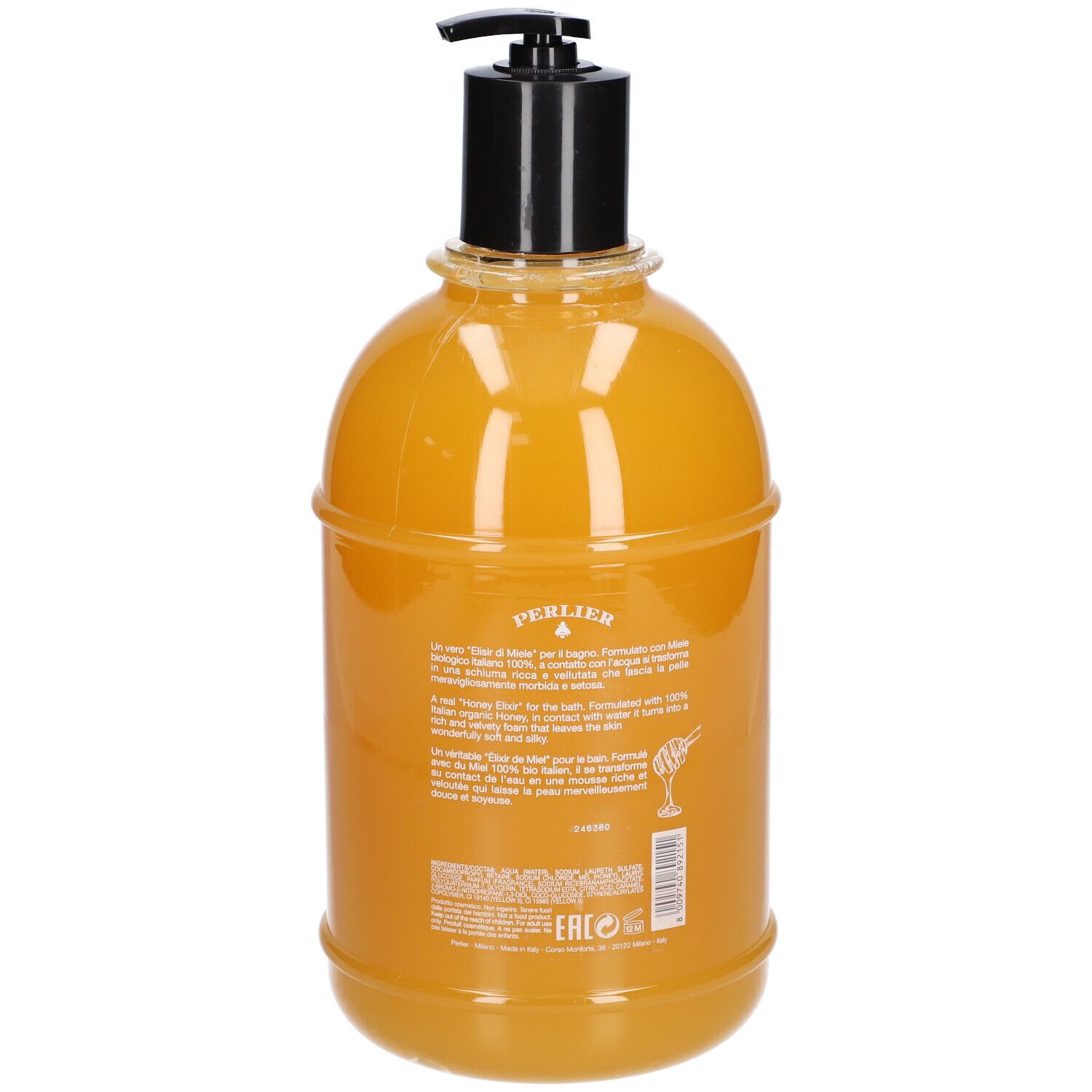 Gele fles met zwarte pomp. Achterkant met tekst en etiket.