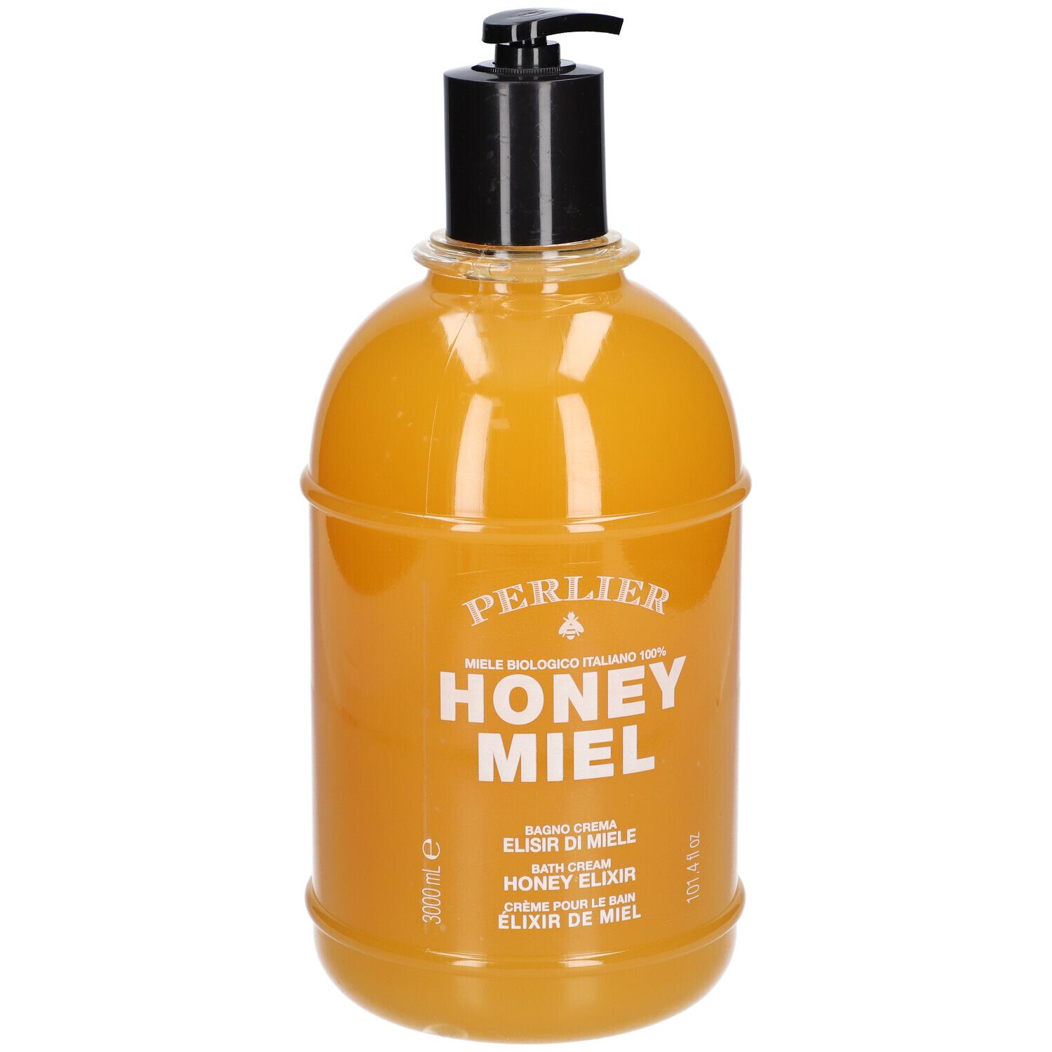 Gele fles met zwarte pomp. Opschrift: Perlier, Honey Miel, Elixir de Miele, Bath Cream, Honey Elixir, Crème pour le Bain.