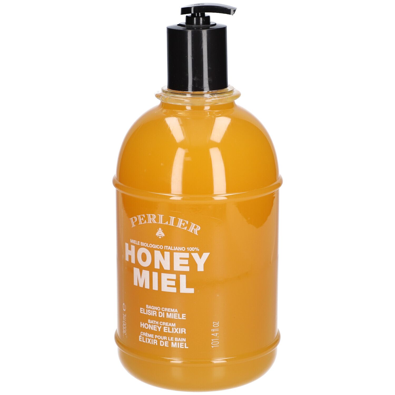 Gele fles met zwarte pomp. Opschrift: Perlier, Honey Miel, Elixir de Miele, Bath Cream, Honey Elixir, Crème pour le Bain.