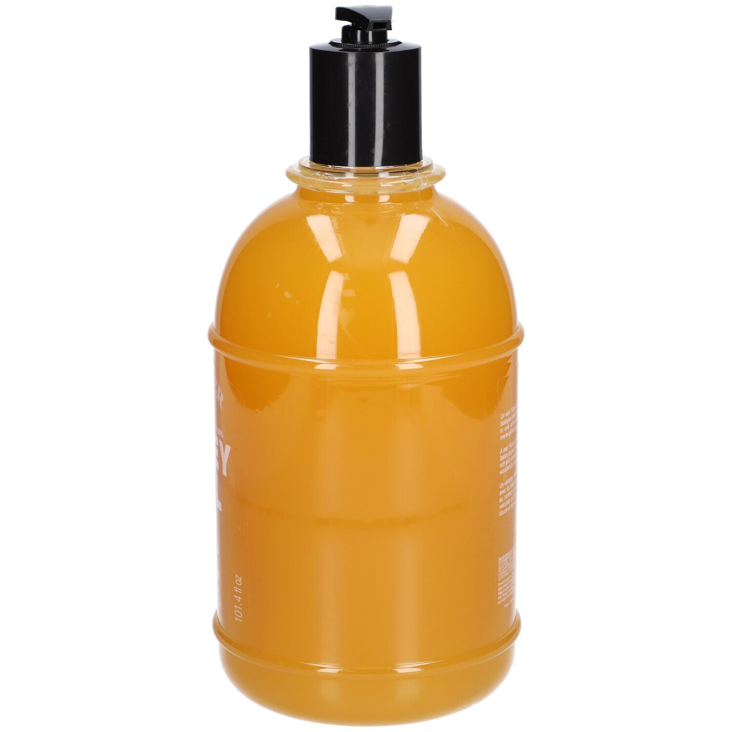 Gele fles met zwarte pomp. Achterkant met tekst en etiket.