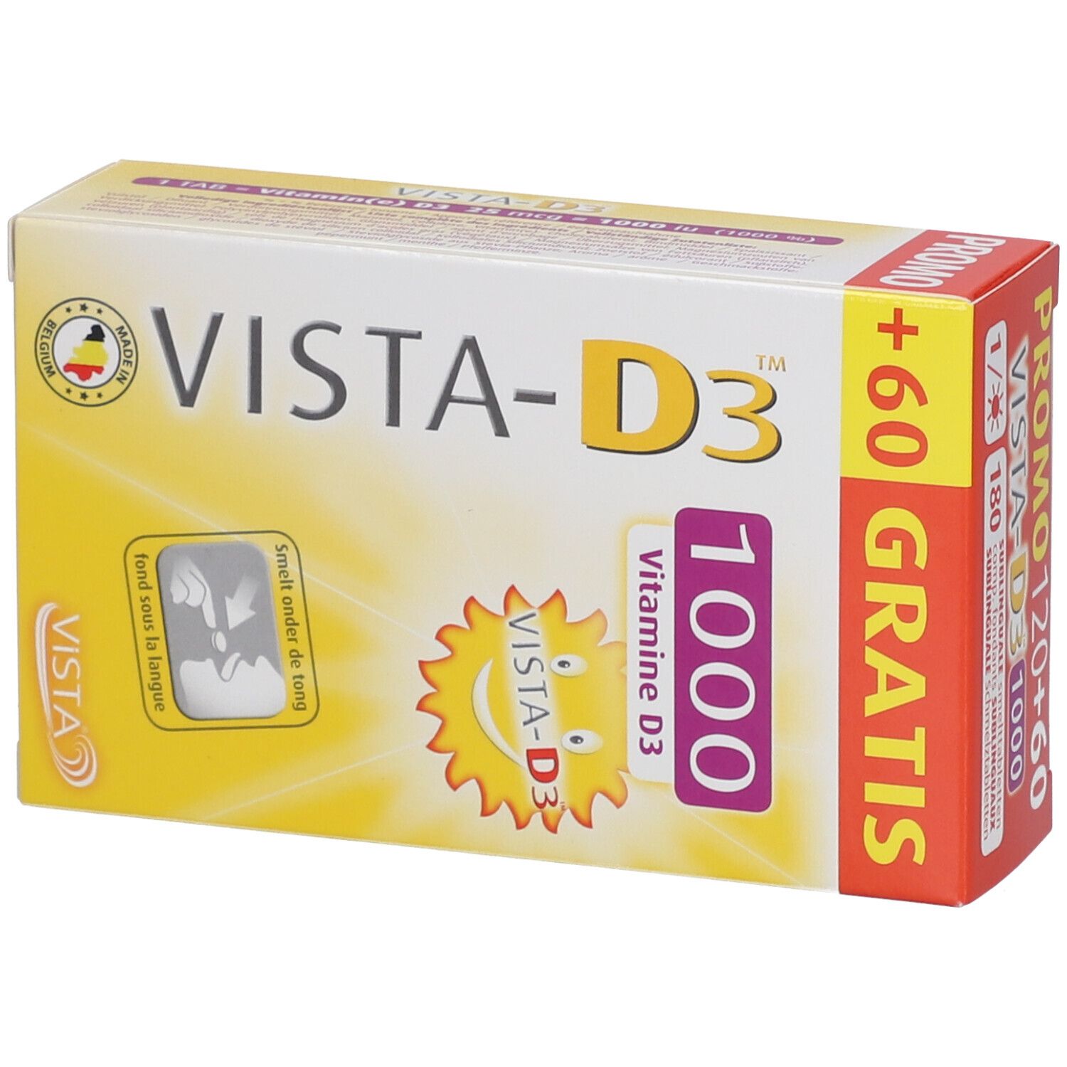 Verpakking van VISTA-D3™ 1000 + 60 smelttabletten. Geel-wit ontwerp met productnaam en vitamine D3-aanduiding. Promo-opdruk.