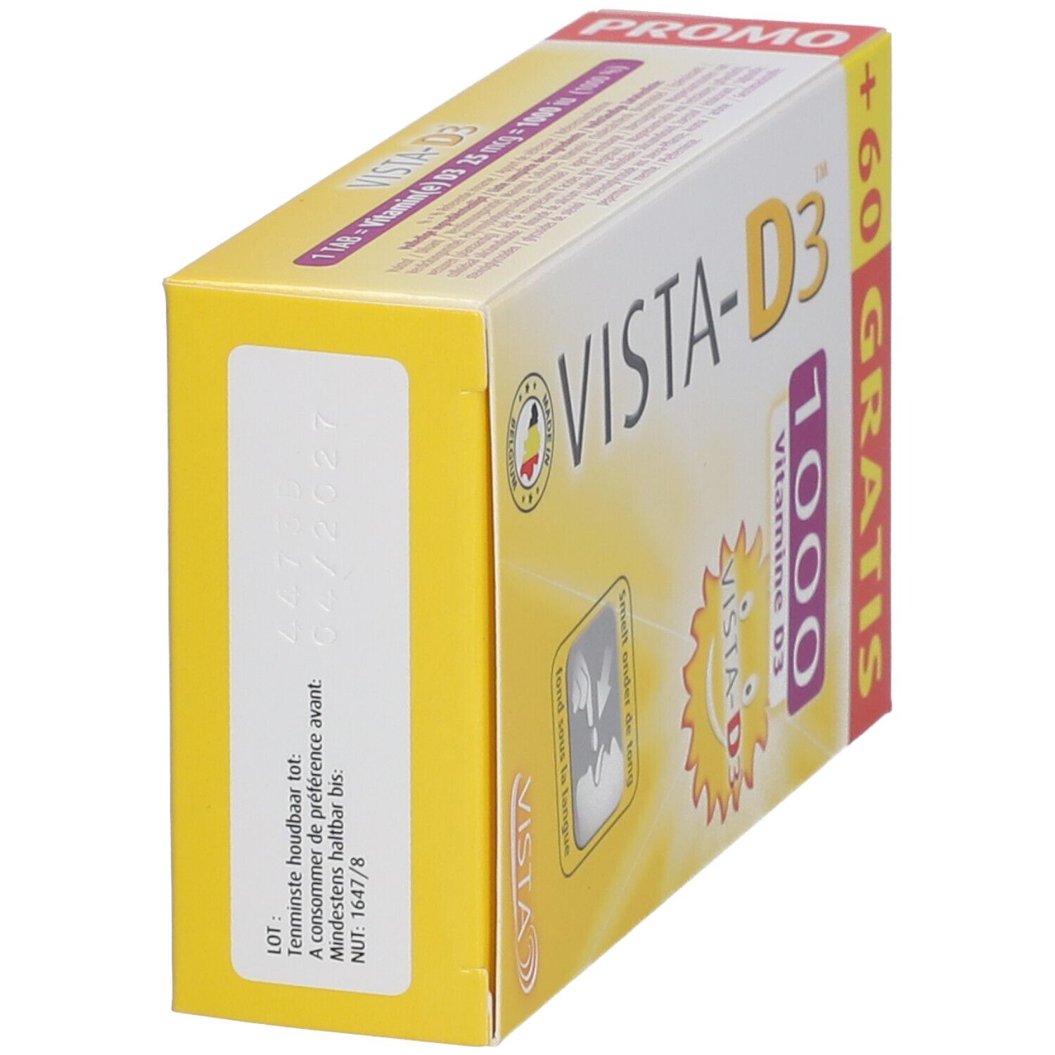 Zijaanzicht van de VISTA-D3™ verpakking. Geel met tekst. Opdruk: Ten minste houdbaar tot. Logo.