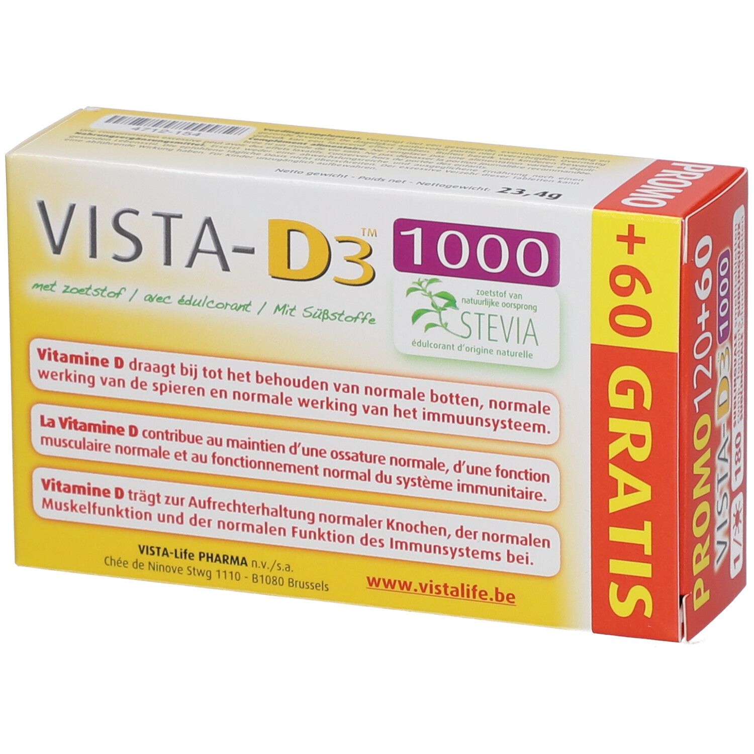 VISTA-D3™ verpakking. Geel-wit ontwerp. Tekst: Vitamine D draagt bij... Stevia-logo. Opdruk: +60 GRATIS.