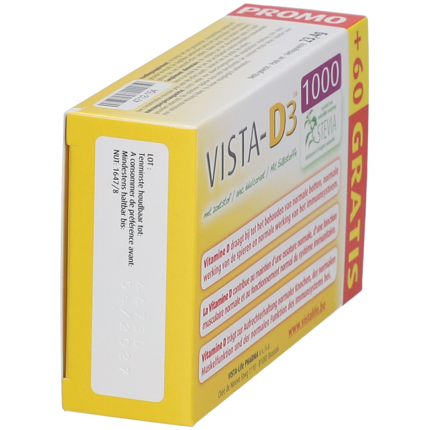Zijaanzicht van de VISTA-D3™ verpakking. Geel met tekst. Opdruk: Ten minste houdbaar tot. Logo.