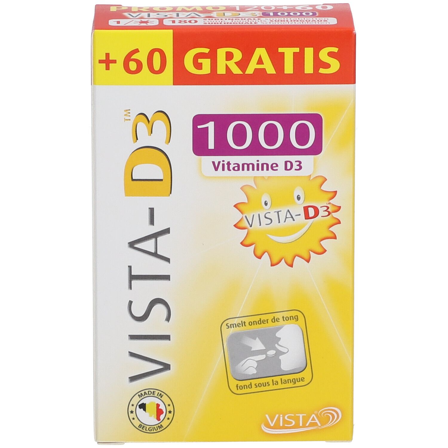 VISTA-D3™ verpakking. Geel-wit ontwerp. Productnaam, Vitamine D3 1000. Opdruk: +60 GRATIS. Logo.