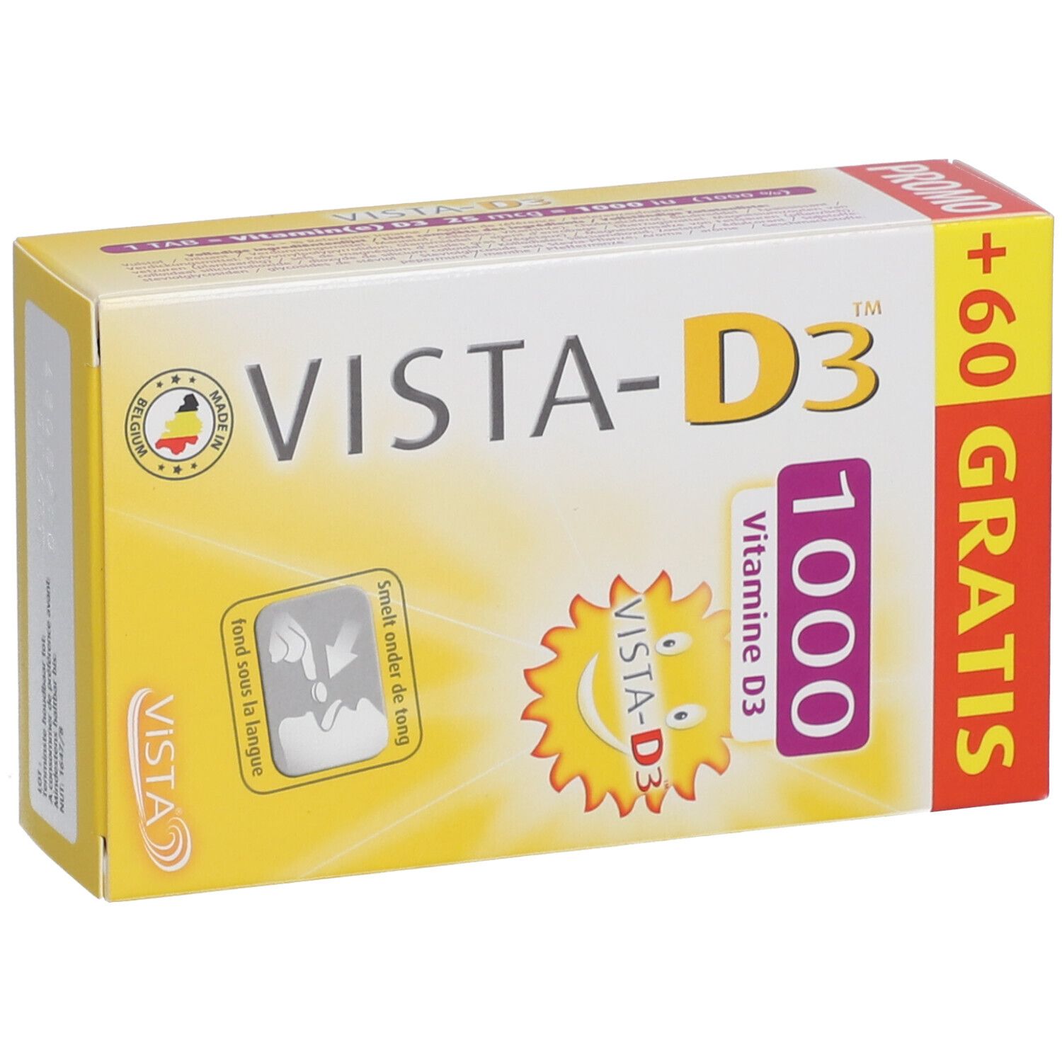 VISTA-D3™ verpakking. Geel-wit ontwerp. Productnaam, Vitamine D3 1000. Opdruk: +60 GRATIS. Logo.