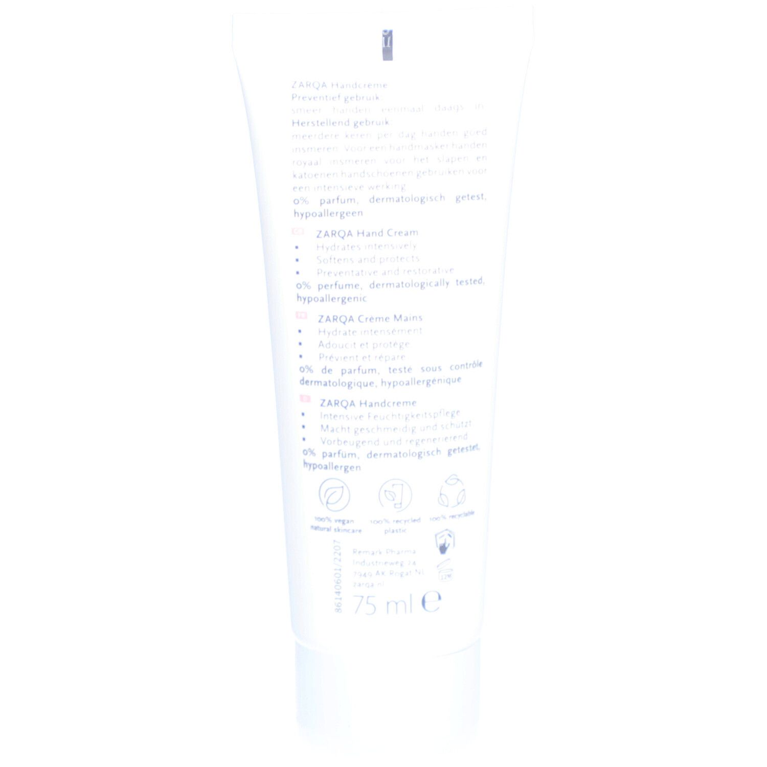 Rückseite einer weißen Tube. Text in mehreren Sprachen. Enthält Informationen über die Handcreme. 75 ml.