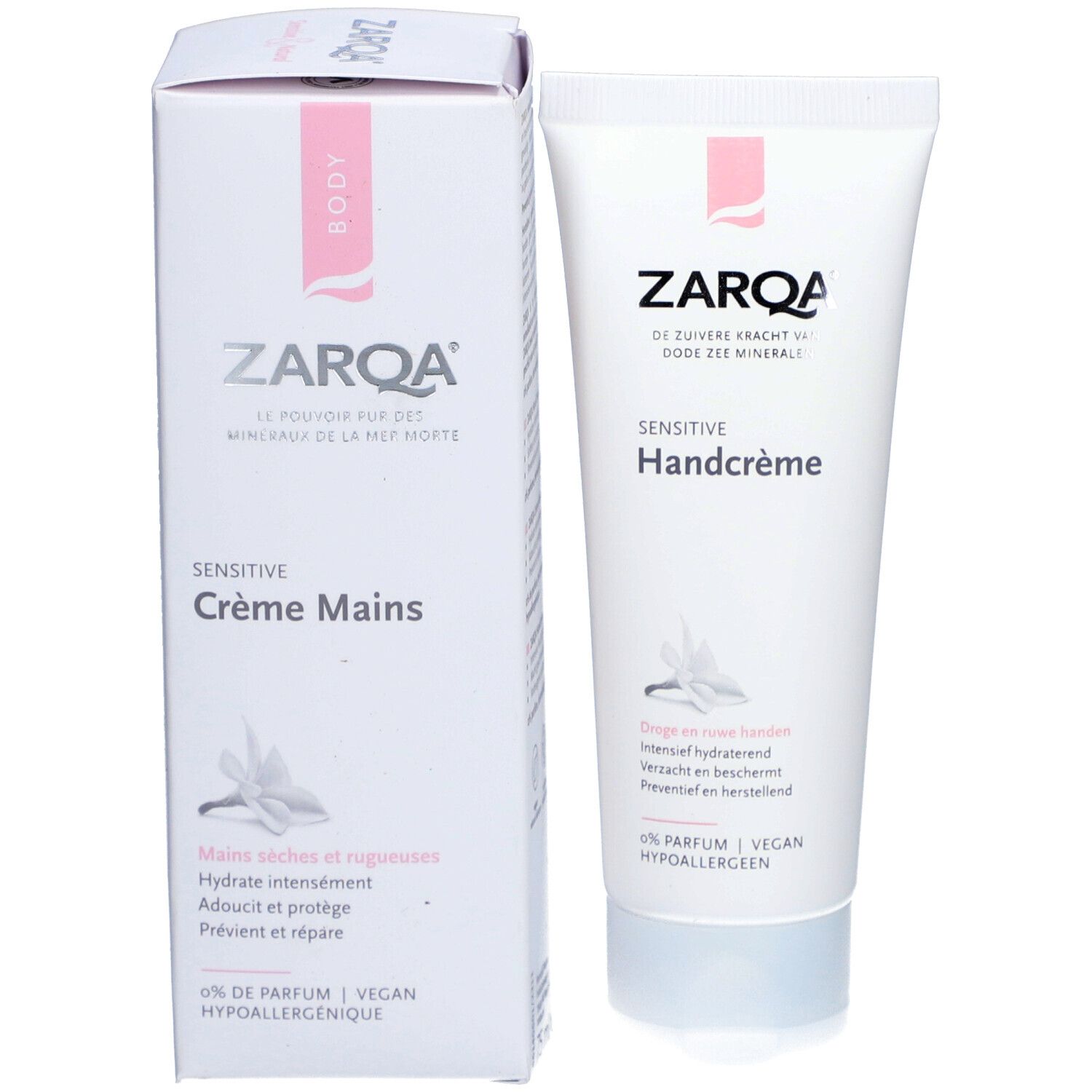Weiße Schachtel und Tube Handcreme. Aufschrift: Zarqa, Sensitive Crème Mains. Text in Französisch. 0% Parfum, Vegan, Hypoallergen.