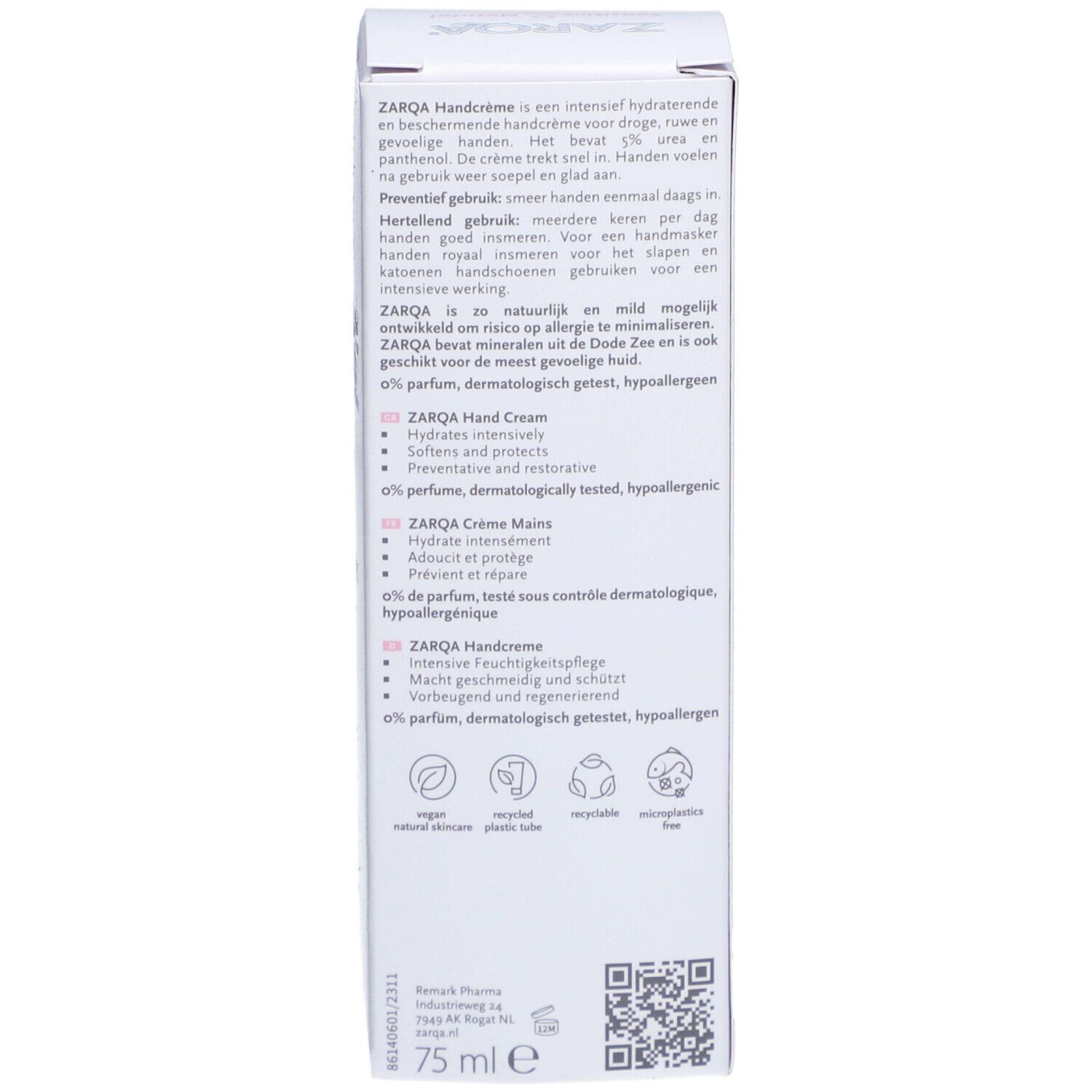Rückseite einer weißen Schachtel. Text in mehreren Sprachen. Enthält Informationen über die Handcreme. 75 ml.