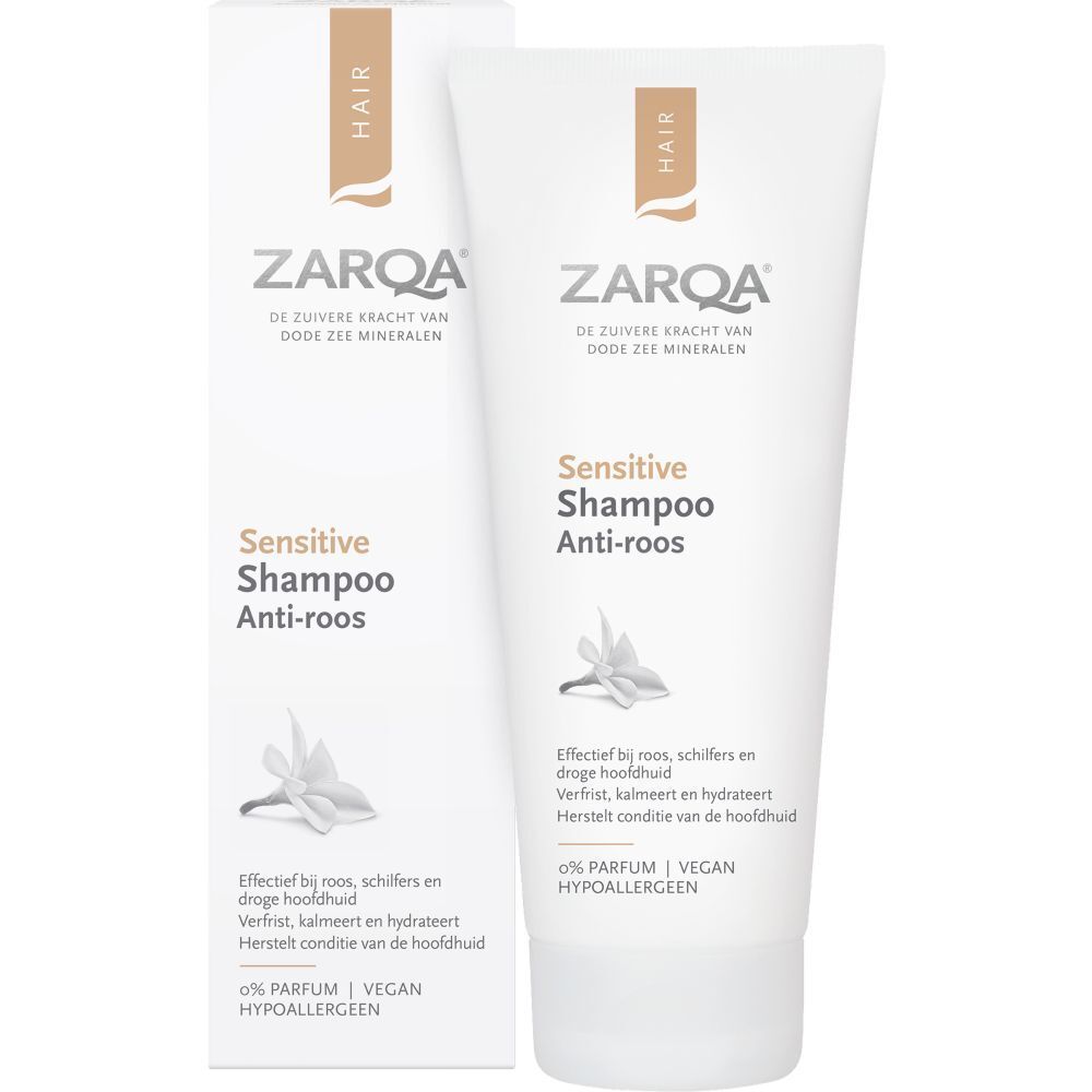 Zarqa Sensitive Shampoo Anti-roos, Tube und Verpackung. Blüten-Illustration. 0% Parfum, Vegan, Hypoallergen.