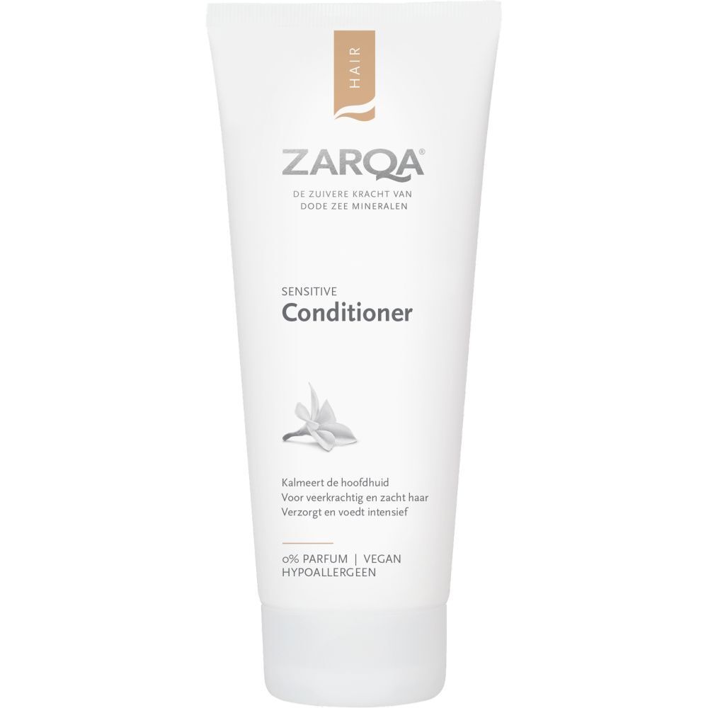 Tube de Zarqa Sensitive Conditioner. Blanc, accents bruns. Nom du produit et logo visibles. 0% parfum, végétalien, hypoallergénique.