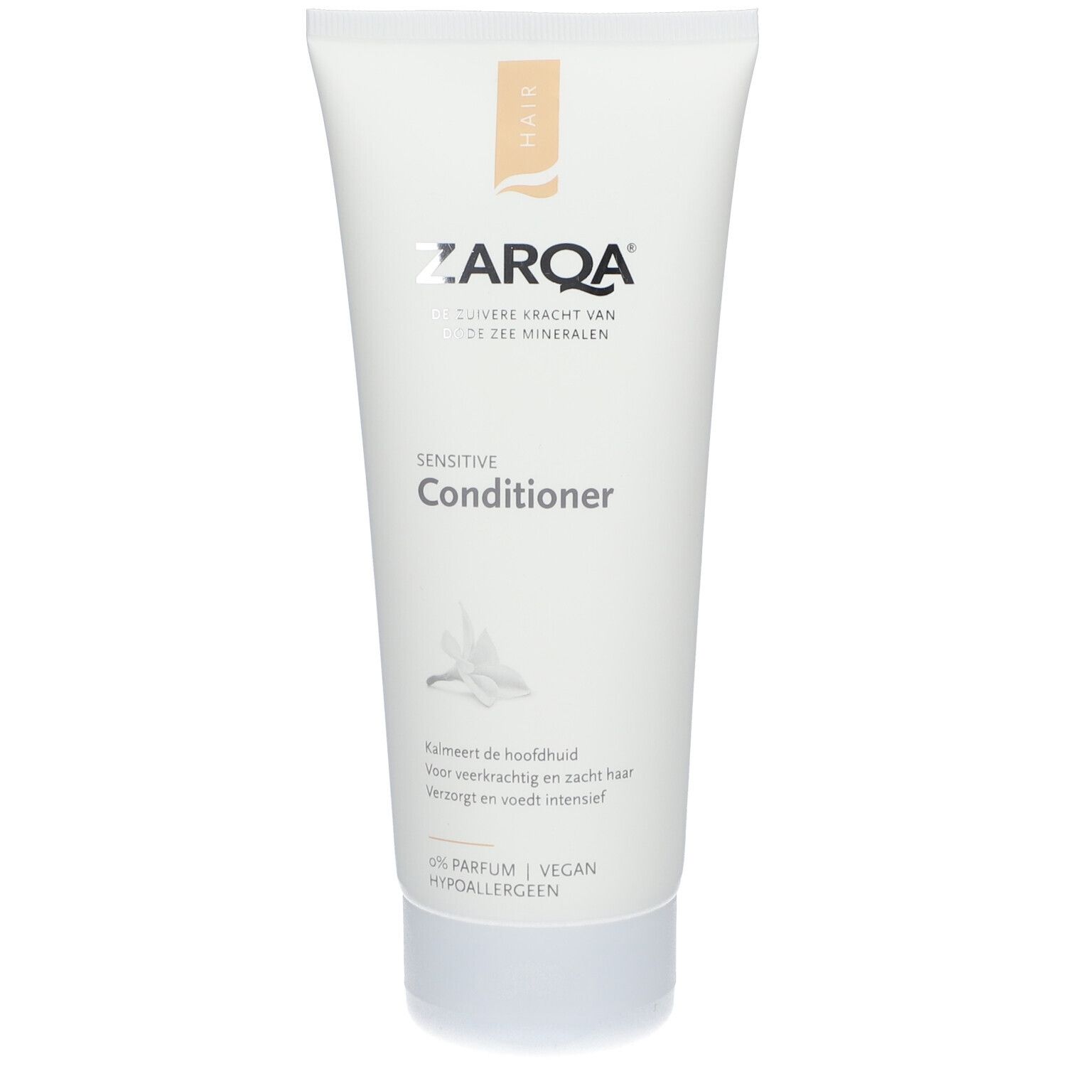 Tube Zarqa Sensitive Conditioner. Blanc, accents bruns. Nom et logo visibles. 0% parfum, végétalien, hypoallergénique.