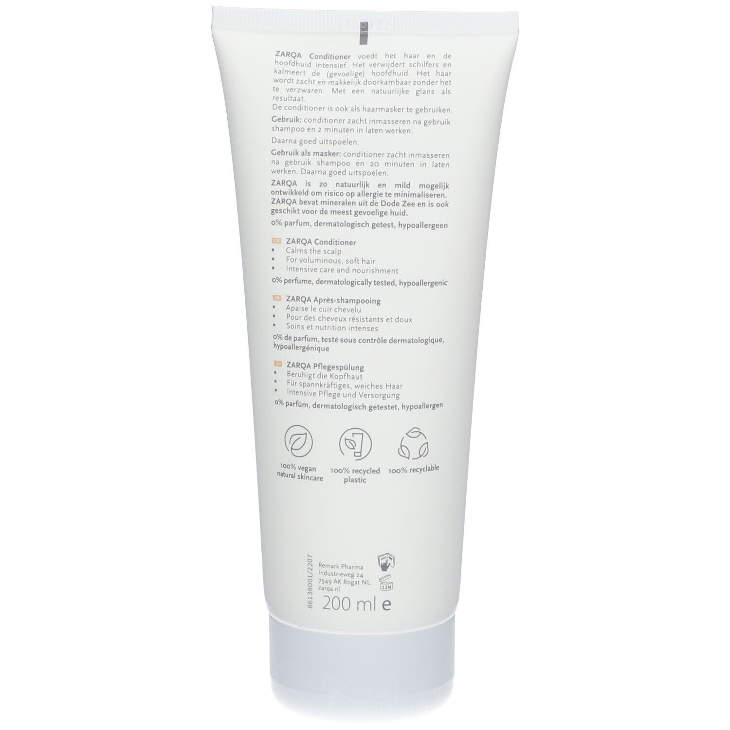 Dos du tube Zarqa Sensitive Conditioner. Texte multilingue. 200 ml. Végétalien, recyclable.