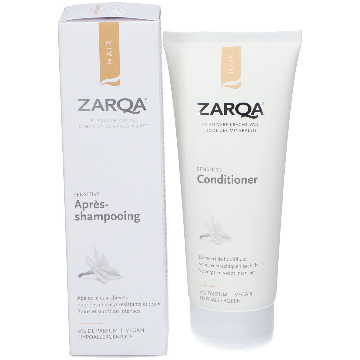 Tube et emballage Zarqa Après-shampooing. Blanc, accents bruns. Nom et logo visibles. 0% parfum, végétalien, hypoallergénique.