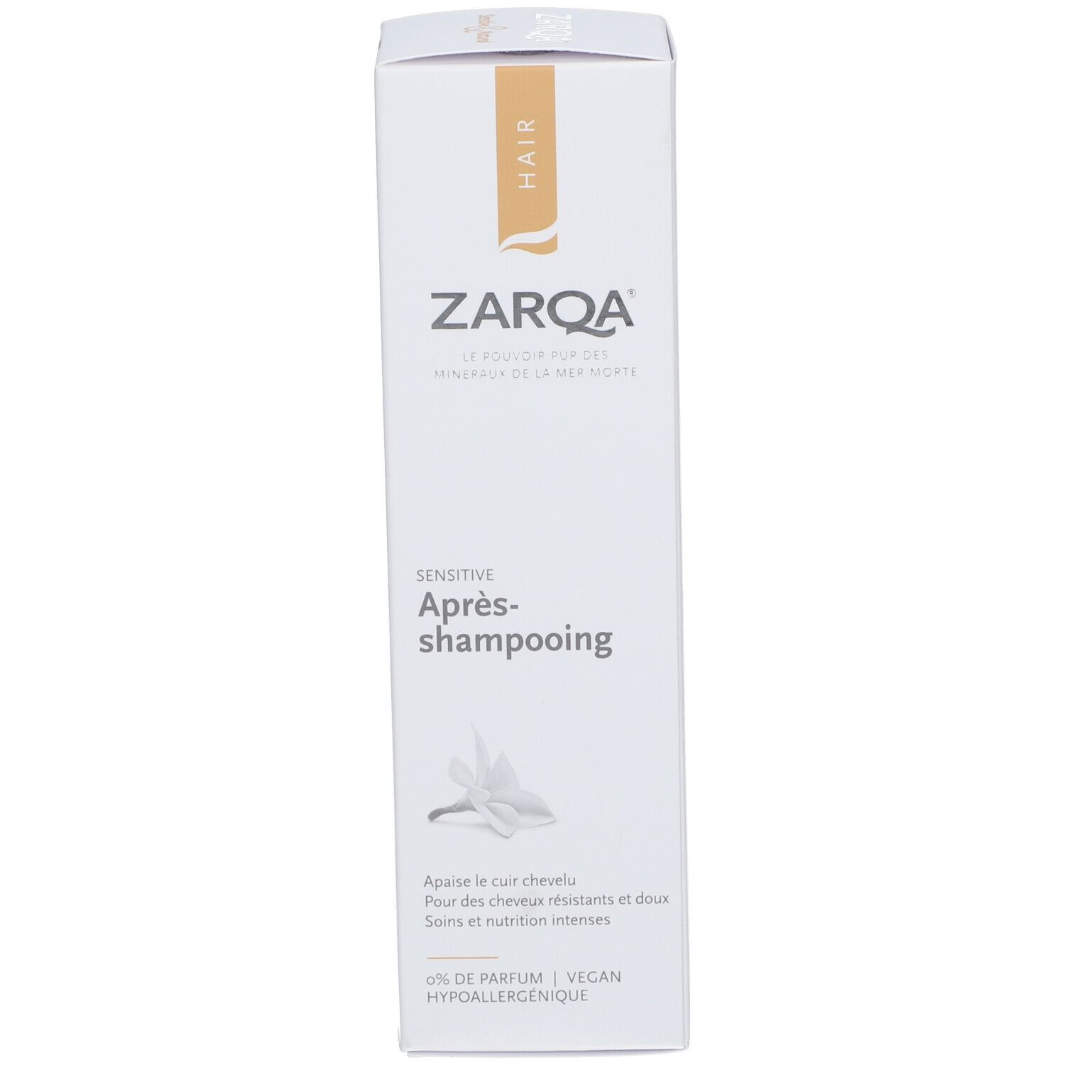 Emballage Zarqa Après-shampooing. Blanc, accents bruns. Nom et logo visibles. 0% parfum, végétalien, hypoallergénique.