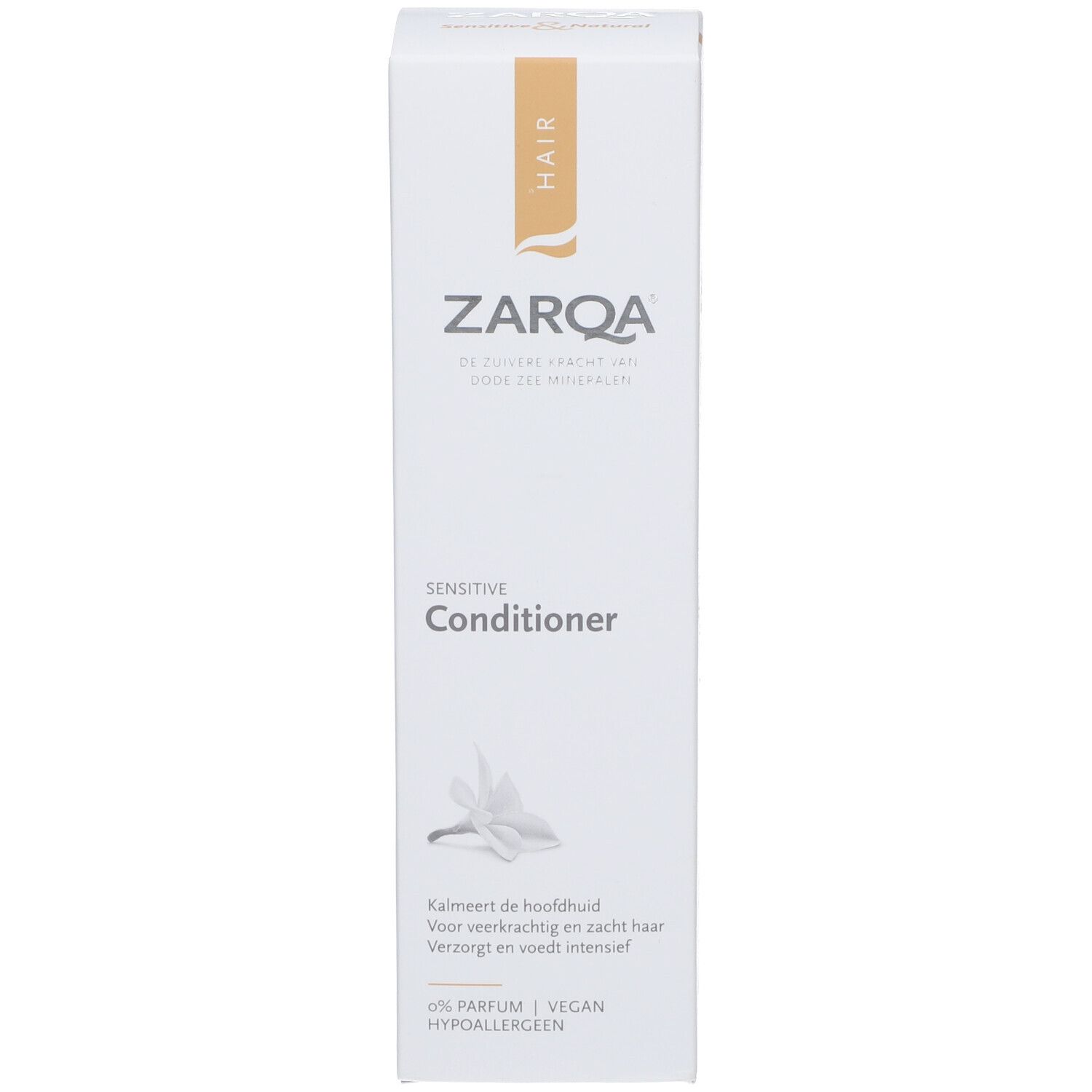 Emballage Zarqa Sensitive Conditioner. Blanc, accents bruns. Nom et logo visibles. 0% parfum, végétalien, hypoallergénique.