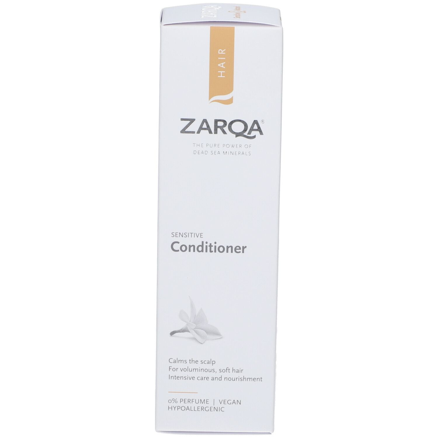 Emballage Zarqa Sensitive Conditioner. Blanc, accents bruns. Nom et logo visibles. 0% parfum, végétalien, hypoallergénique.