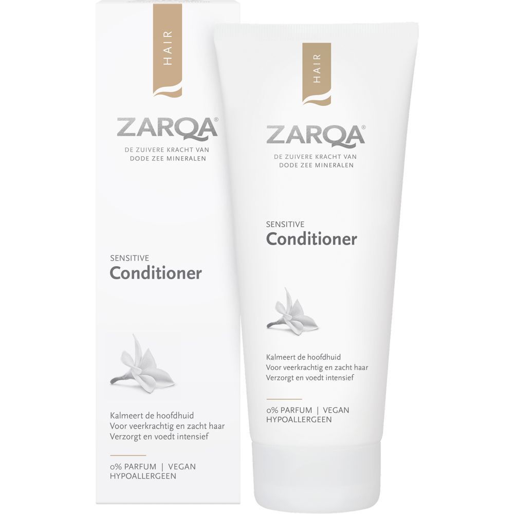 Tube et emballage Zarqa Sensitive Conditioner. Blanc, accents bruns. Nom et logo visibles. 0% parfum, végétalien, hypoallergénique.
