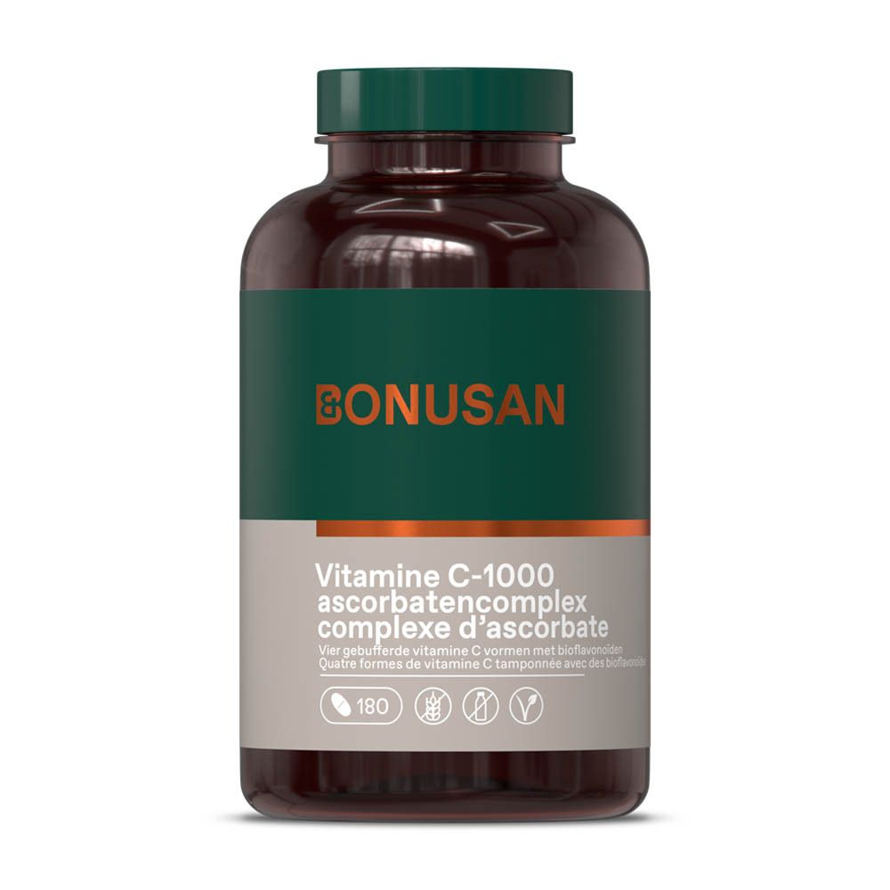 Flacon brun, bouchon vert. Texte: BONUSAN, Vitamine C-1000, complexe d'ascorbate. 180 comprimés.
