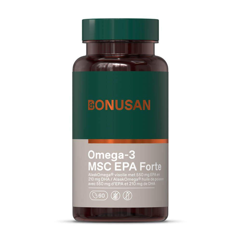 Emballage vert et gris avec Oméga-3 MSC EPA Forte. Contient 60 capsules. Marque BONUSAN.